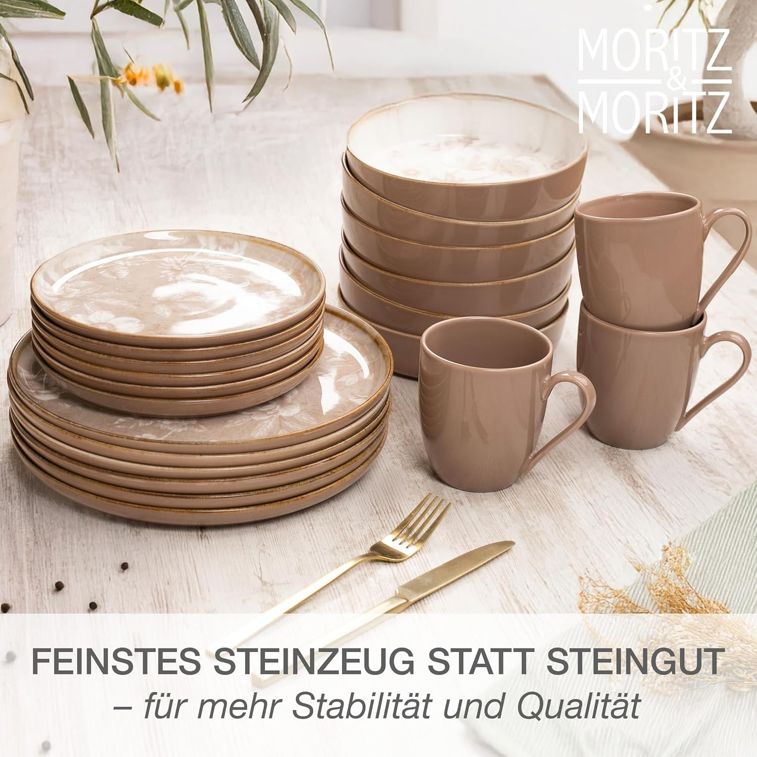 Moritz & Moritz MARIELLA 6-personers spisestel i stentøj i 24 dele - Moderne beige service med et legende design, letplejet kaffestel med tallerkener, skåle og kopper - Kombinationssæt