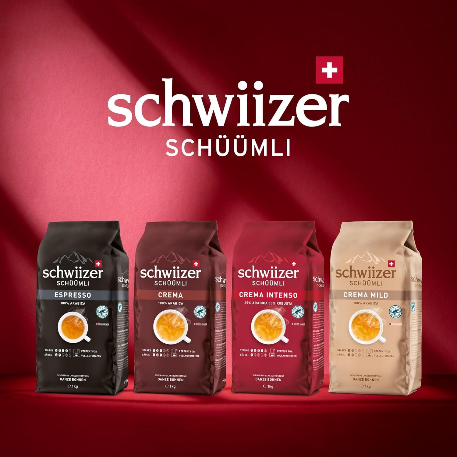 Schwiizer Schüümli Crema Mild, 100 % Premium Arabica-kaffebønner, frugtagtig og nøddeagtig, til fuldautomatiske kaffemaskiner, 2/5 styrke, let ristet, Rainforest Alliance-certificeret, 1 kg (pakke med 2)