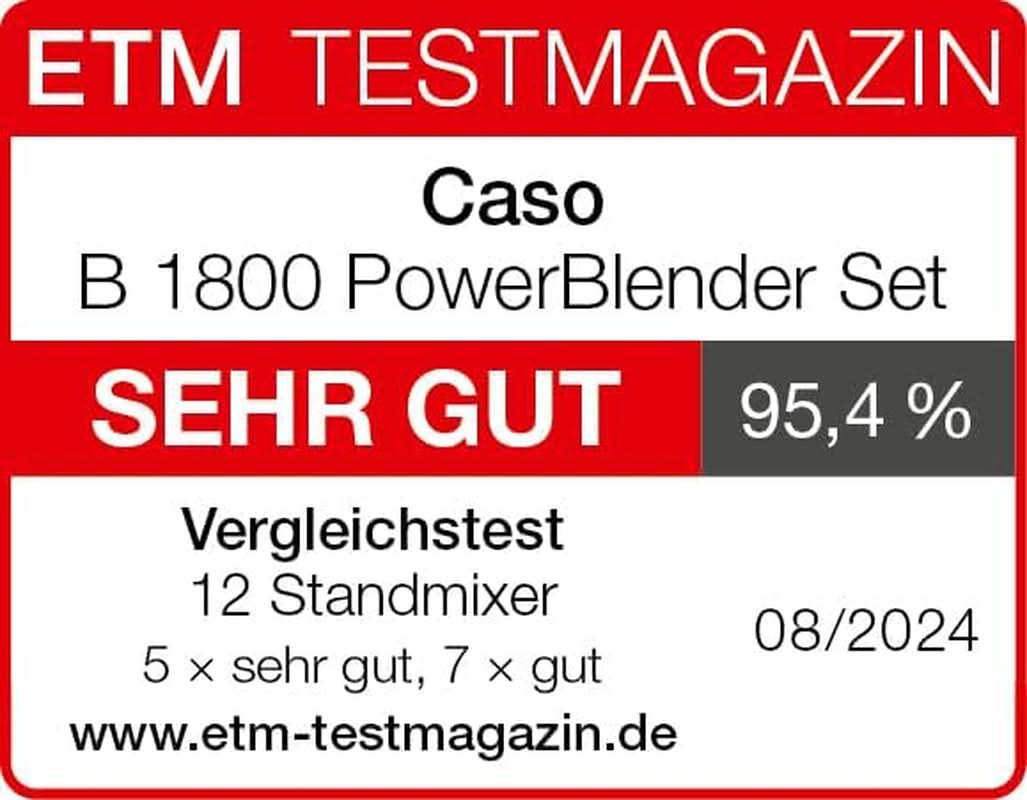 CASO B 1800 Powerblender-Set - Standmixer, 28.000 U/Min, Glasbeholder 1,75 L, Inkl. Trinkflasche Und Zerkleiner, Mixer Testsieger Mit Sehr Gut, Edelstahl Naty Shop