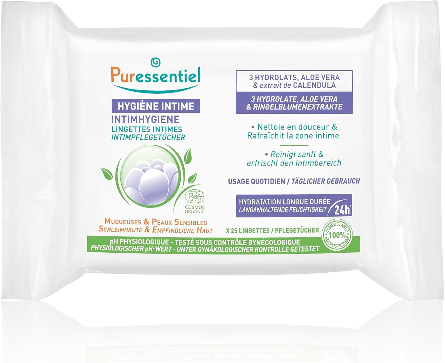 Puressentiel - Intim hygiejne - Intimservietter - Rensende og opfriskende - Følsomme slimhinder og hud - Langtidsvirkende hydrering 24 timer - Til daglig brug - X25 stk.