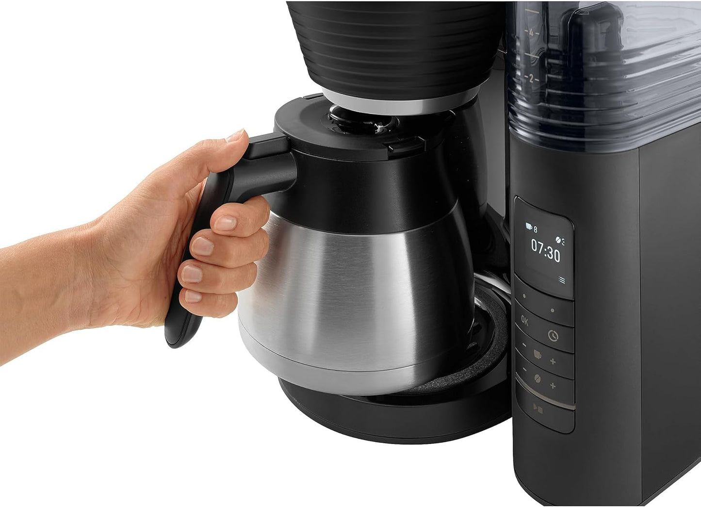 Melitta AromaFresh Therm Pro X - Espressomaskine med filter, integreret kværn, aftagelig vandtank, termokande i rustfrit stål og timerfunktion, til op til 8 kopper kaffe, sort/sølv