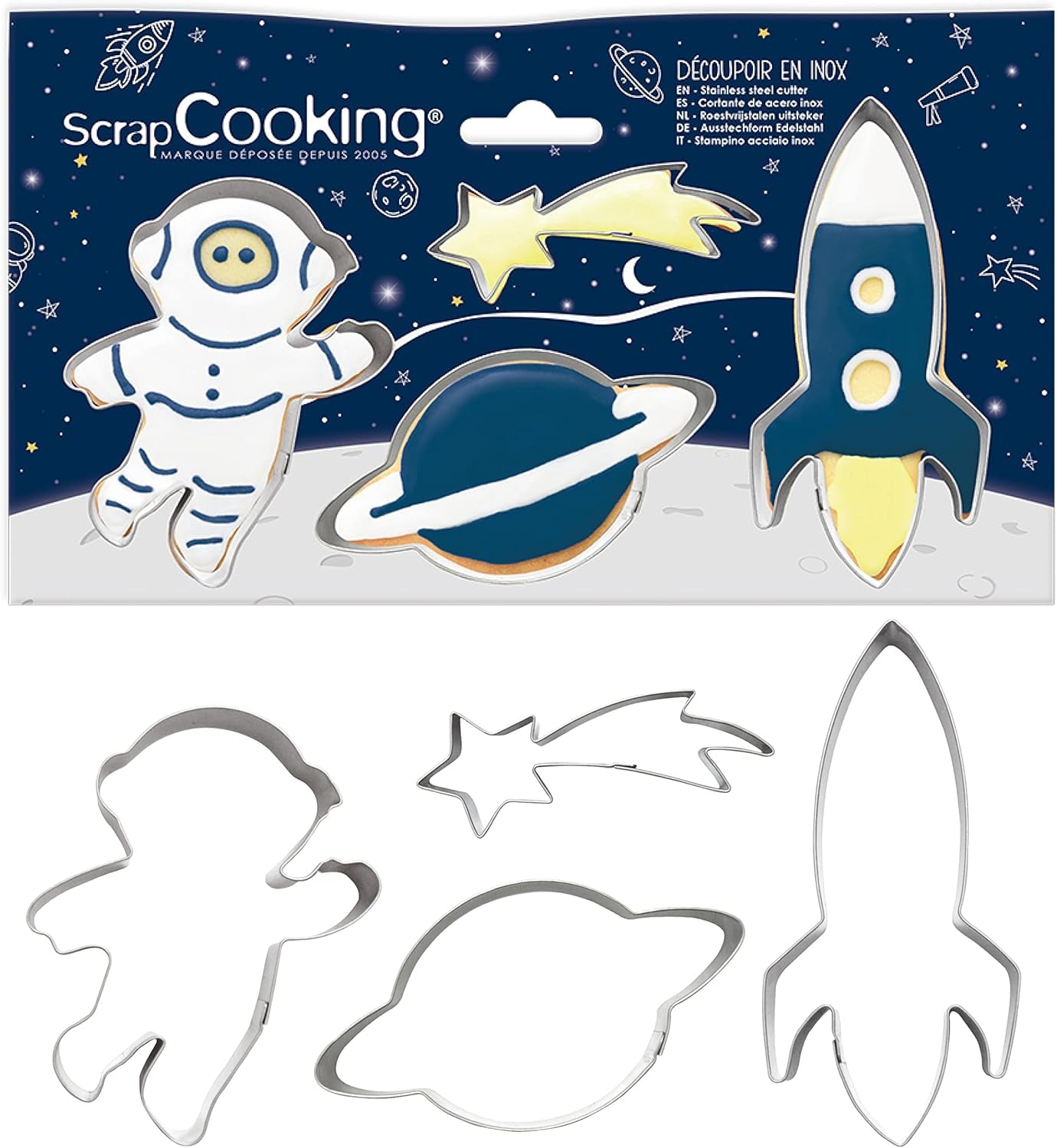 ScrapCooking – 4 Ausstechformen für Plätzchen, aus Edelstahl – Astronaut, Sternschnuppe, Rakete, Planeten – Formen für kleine Kuchen – Zubehör zum Backen Geburtstag Deko – 2084