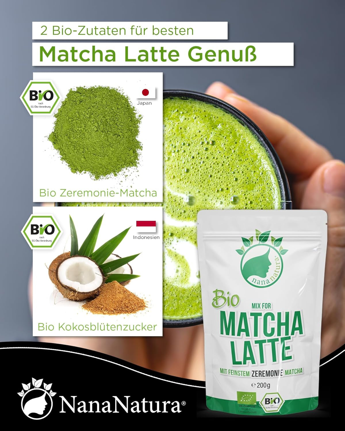 Nananatura'S Bio Matcha Latte Mix med 22% Ceremoniel Grade Green Tea Pulver fra Japan | For en enkel og lækker nydelse af te | Også velegnet til is og kager