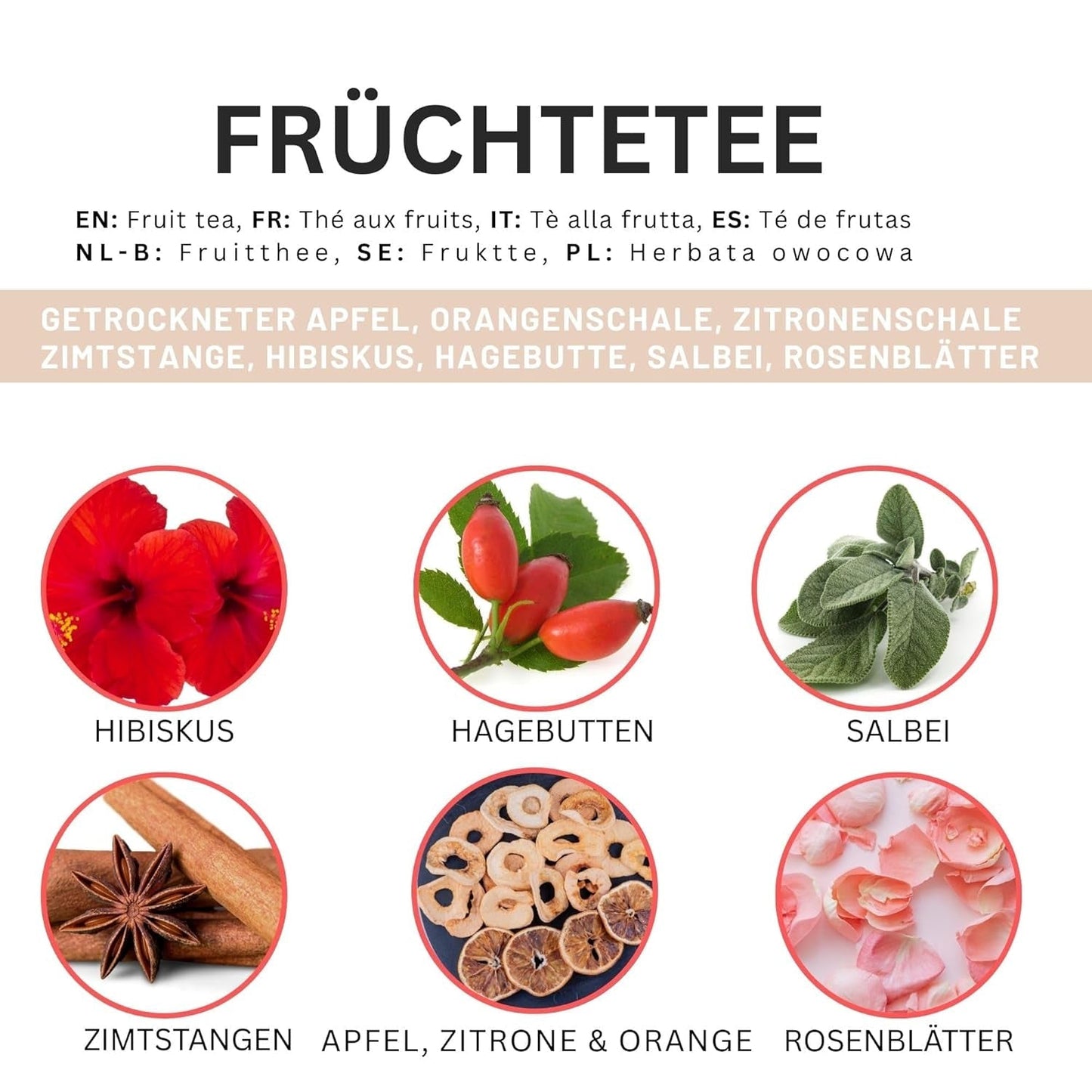Frugtte – 100g Frugtblanding med smag med æble, hibiscus og kanel – Ziplock-pose, ca. 25 kopper – Ingen tilsætningsstoffer, pakket i Tyskland