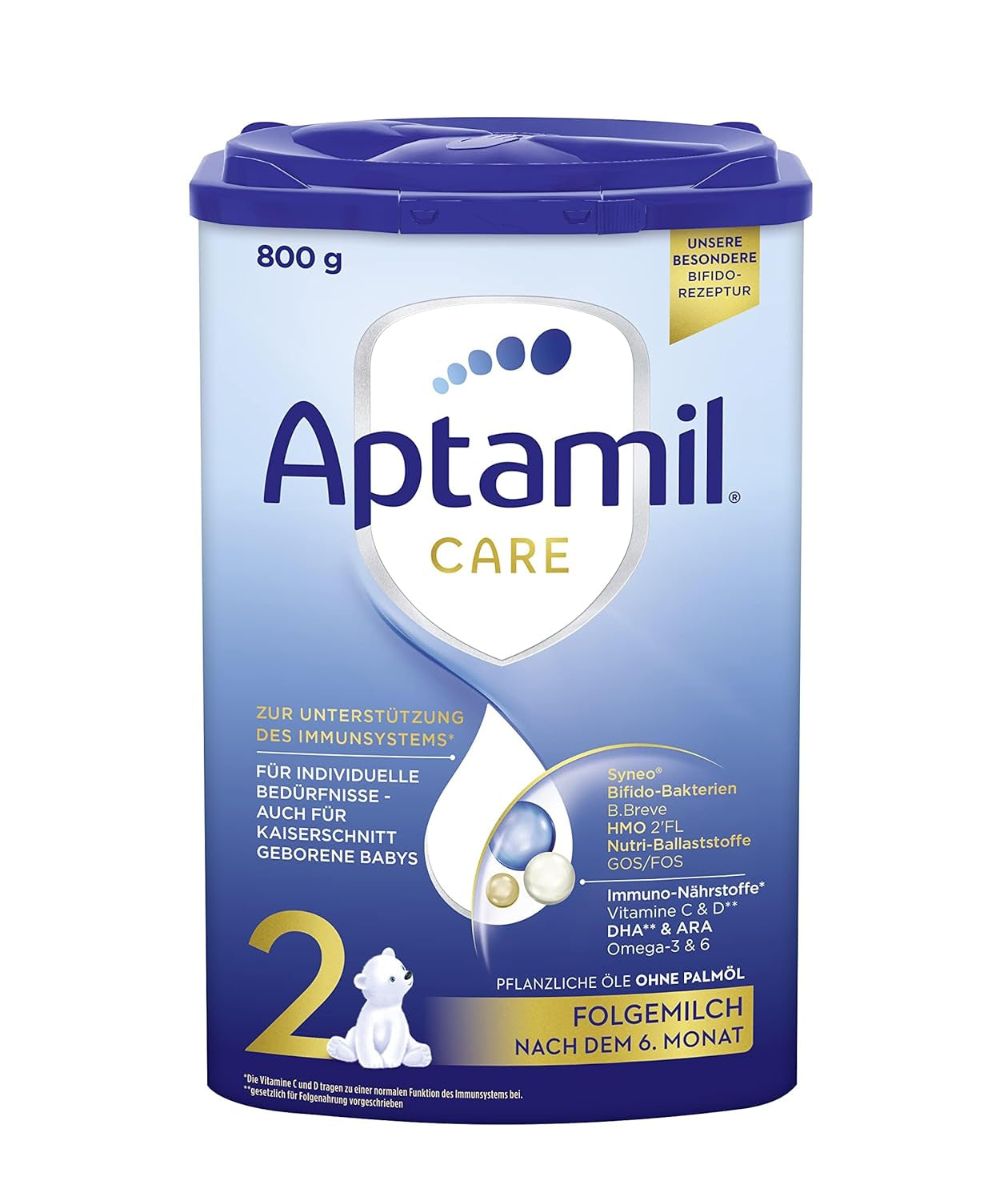 Aptamil Care 2 - Tilskudsmælk efter 6 måneder, med Omega 3 og 6, DHA og ARA, palmeoliefri, babymad, mælkepulver, 1 x 800 g (pakke med 6)