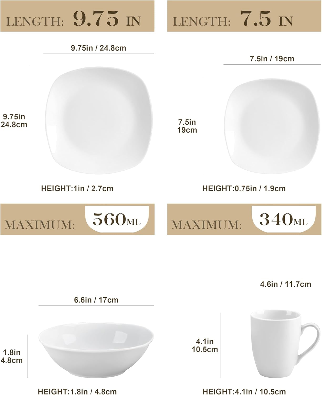 MALACASA Spisesæt til 4, 16-delt hvidt porcelænsservice, moderne servisesæt med 4 middagstallerkener, Desserttallerkener, Suma-tallerkener og -kopper, ELISA-serien