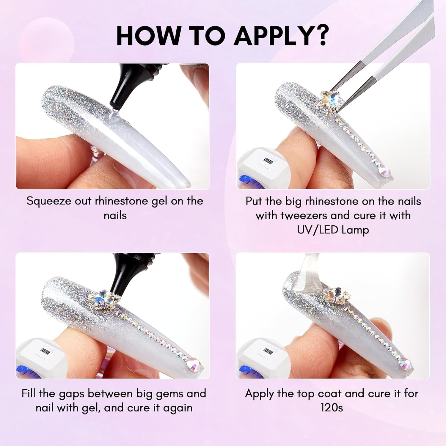 Makartt Rhinestone selvklæbende gel - 15 ml UV-neglelimsæt med lyserøde negle charms Hjertecirkel neglesmykker og negledesigntilbehør til hjemmemanicure Valentinsdagsgave