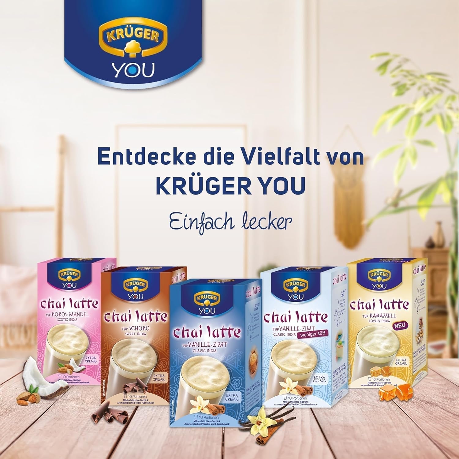 KRÜGER YOU Chai Latte Vaniljekanel, øjeblikkelig tilberedning til mælkedrikke, smagt til med vanilje og kanel, 250 g (10 poser á 25 g)
