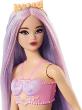 Barbie Havfruedukke med lyserødt og lilla fint hår og pandebånd, skaltop og lavendelblå halefinnedukke, HRR06 Naty Shop-dukker