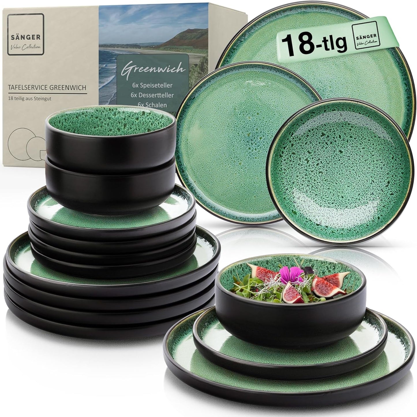 SÄNGER Greenwich | Stentøjsstel, 18 stykker, tallerkensæt til 6, porcelænssæt (6 middagstallerkener, 6 desserttallerkener, 6 skåle), grøn, ridsefast, porcelæn | VÆRDIINDSAMLING