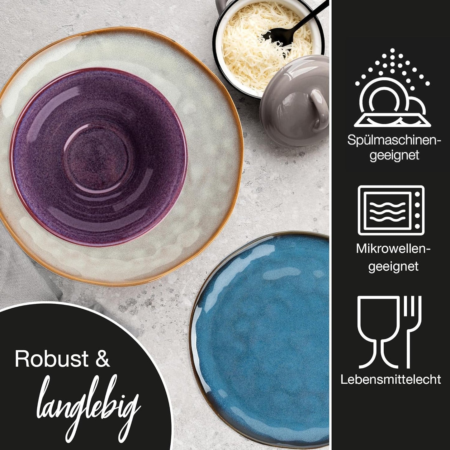 Moritz & Moritz COPA 16-tlg Geschirrset 4 Personen - Elegantes Teller Set fra hohrstandigem Steinzeug - Geschirr Set 4 Personen fra je 4x Dinnerteller, Dessertteller, Müslischale & Kaffeebecher