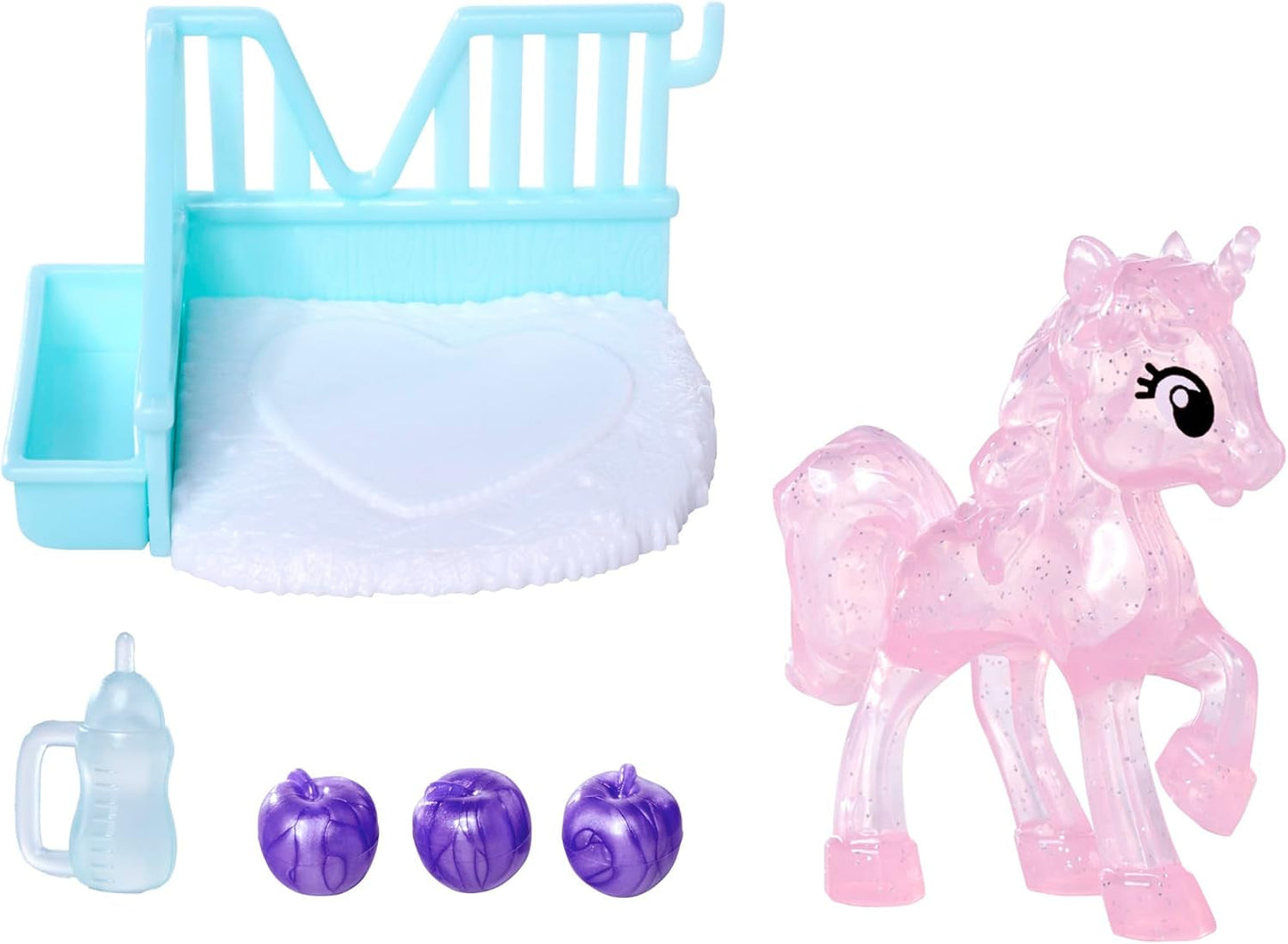 Simba Evi Love Unicorn Play Doll iført en sød enhjørningskjole med matchende pandebånd, inklusive en enhjørning med stald, æbler og en drikkedunk, 12 cm, i alderen 3+