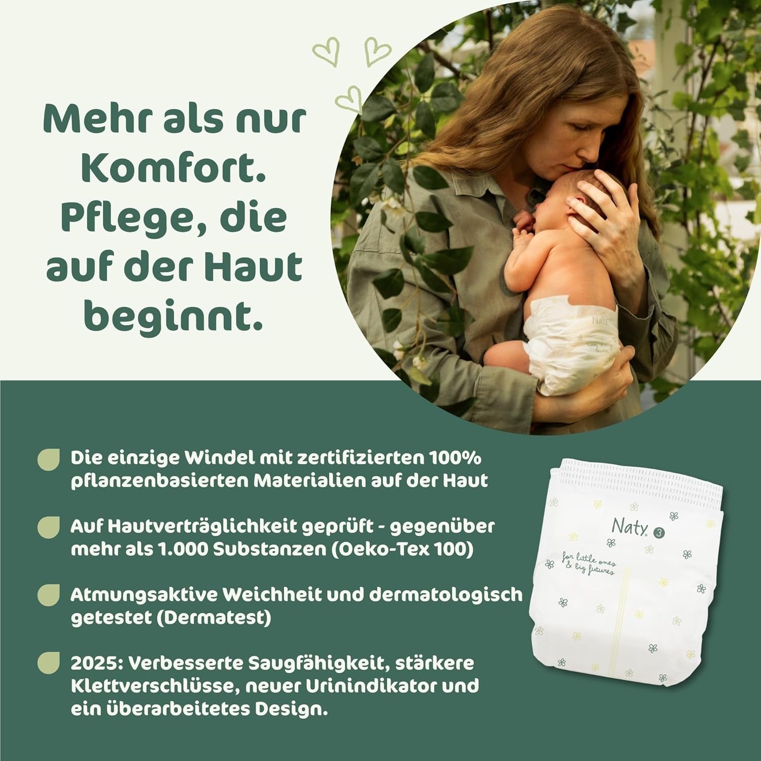 Naty BioEmbrace babybleer, størrelse 3 (4–9 kg) | 100% plantebaserede materialer, skånsomme mod huden | Åndbar blødhed, dermatologisk testet, fremragende absorption | 100 stk.