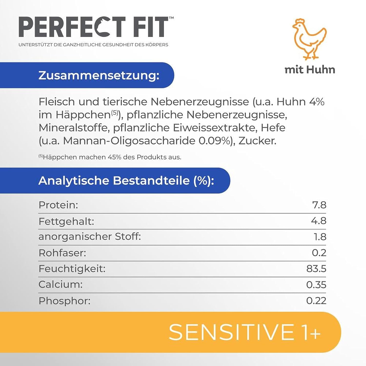 Vådfoder til katte Perfect Fit Sensitive 1+ med kylling i sauce, 12 poser, 12 x 85g - Premium vådfoder til følsomme katte fra 1 år, uden hvede og soja, for at støtte fordøjelsen