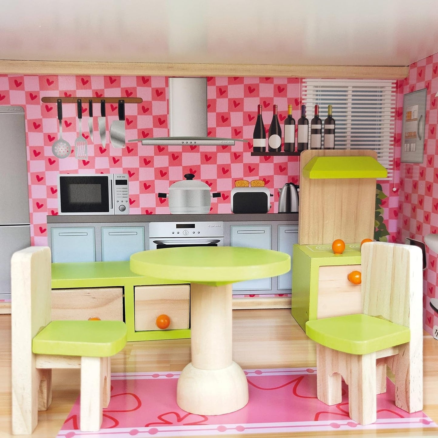 Bino World of Toys Dukkehus med altan, Legetøj til småbørn fra 3 år, med 3 etager, trapper, 4 værelser og altan inkl. 15-TLG. Tilbehør, For at fremme børns færdigheder, Pink design Naty Shop dukkehuse