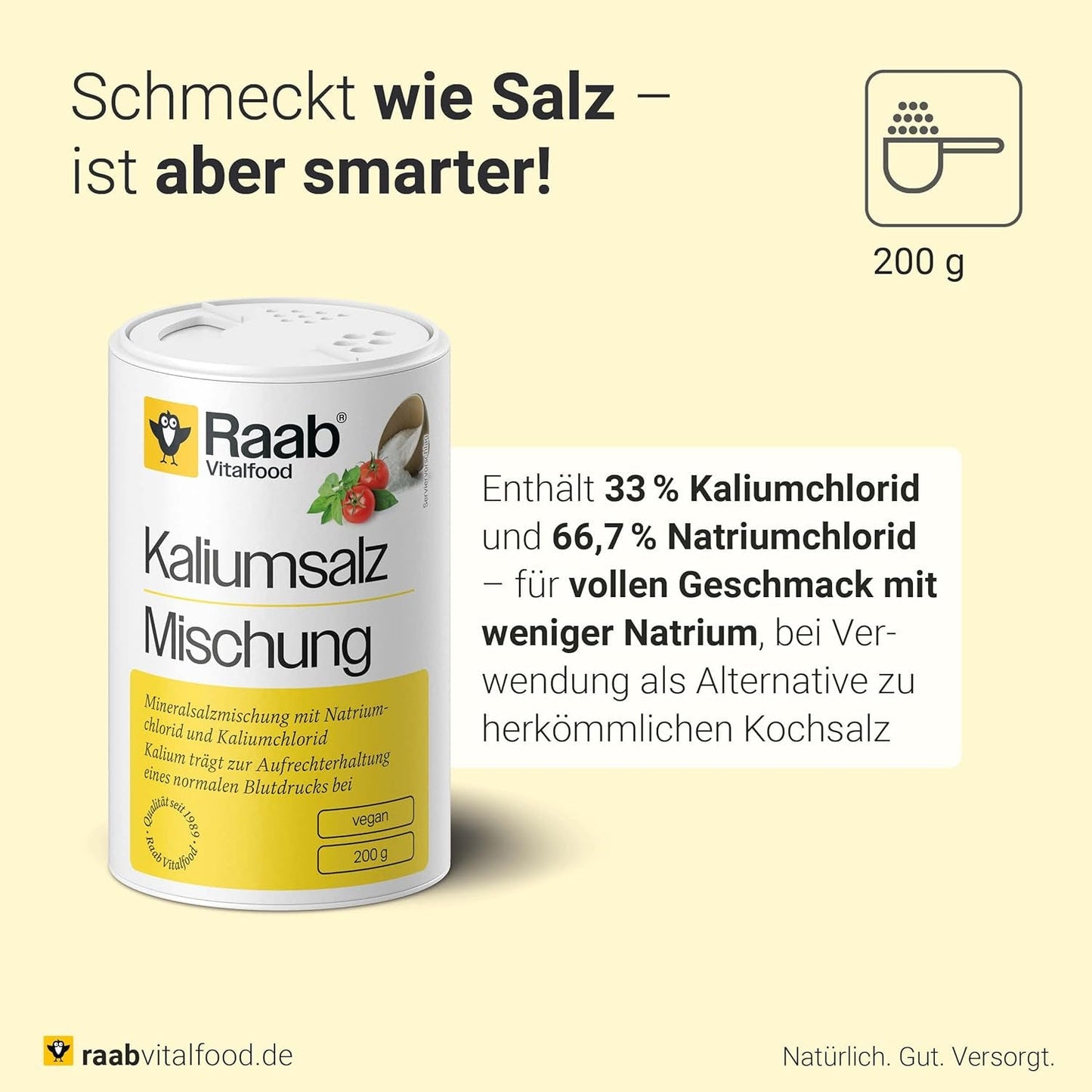 Raab Vitalfood Kalium salt-Mischung, Mineralsalzmischung med 66,7% Natriumchlorid (Kochsalz) og 33% Kaliumchlorid, Kalium trægt zur Aufrechterhaltung eines normalen Blutdruck bei (1 x 200 g dosis)