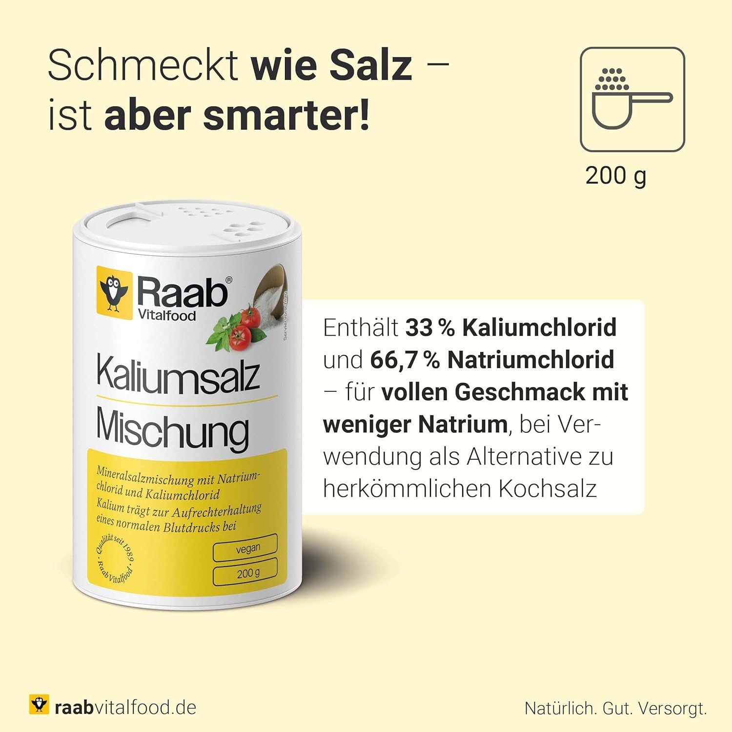 Raab Vitalfood Kalium salt-Mischung, Mineralsalzmischung med 66,7% Natriumchlorid (Kochsalz) og 33% Kaliumchlorid, Kalium trægt zur Aufrechterhaltung eines normalen Blutdruck bei (1 x 200 g dosis)