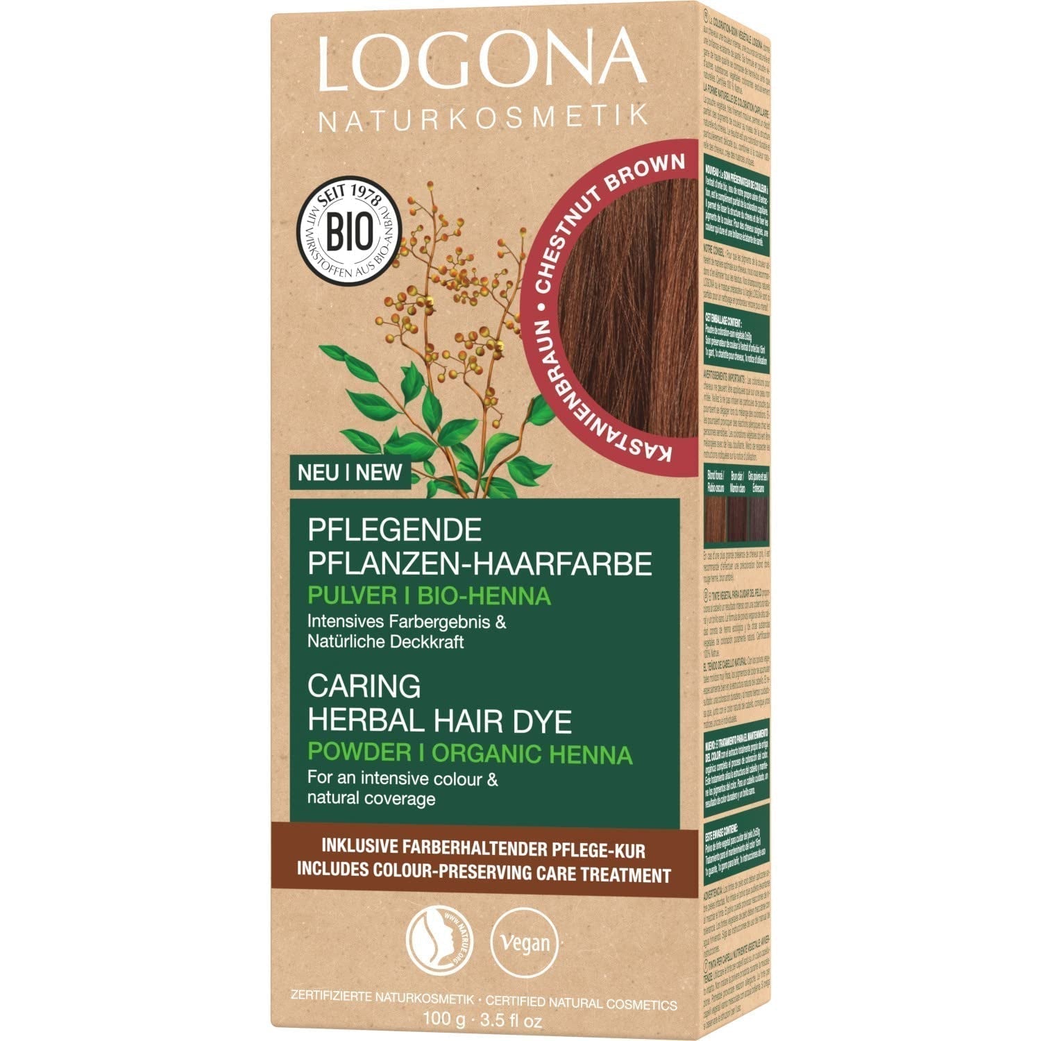 LOGONA Natural Cosmetics Urteplejende hårfarve, økologisk hennapulver Vegansk hårfarve for intens farve og glans, urtefarve i kobberblond (blond), 1 x 100 g Naty Shop Chestnut hårfarve 100G (1 pakke)