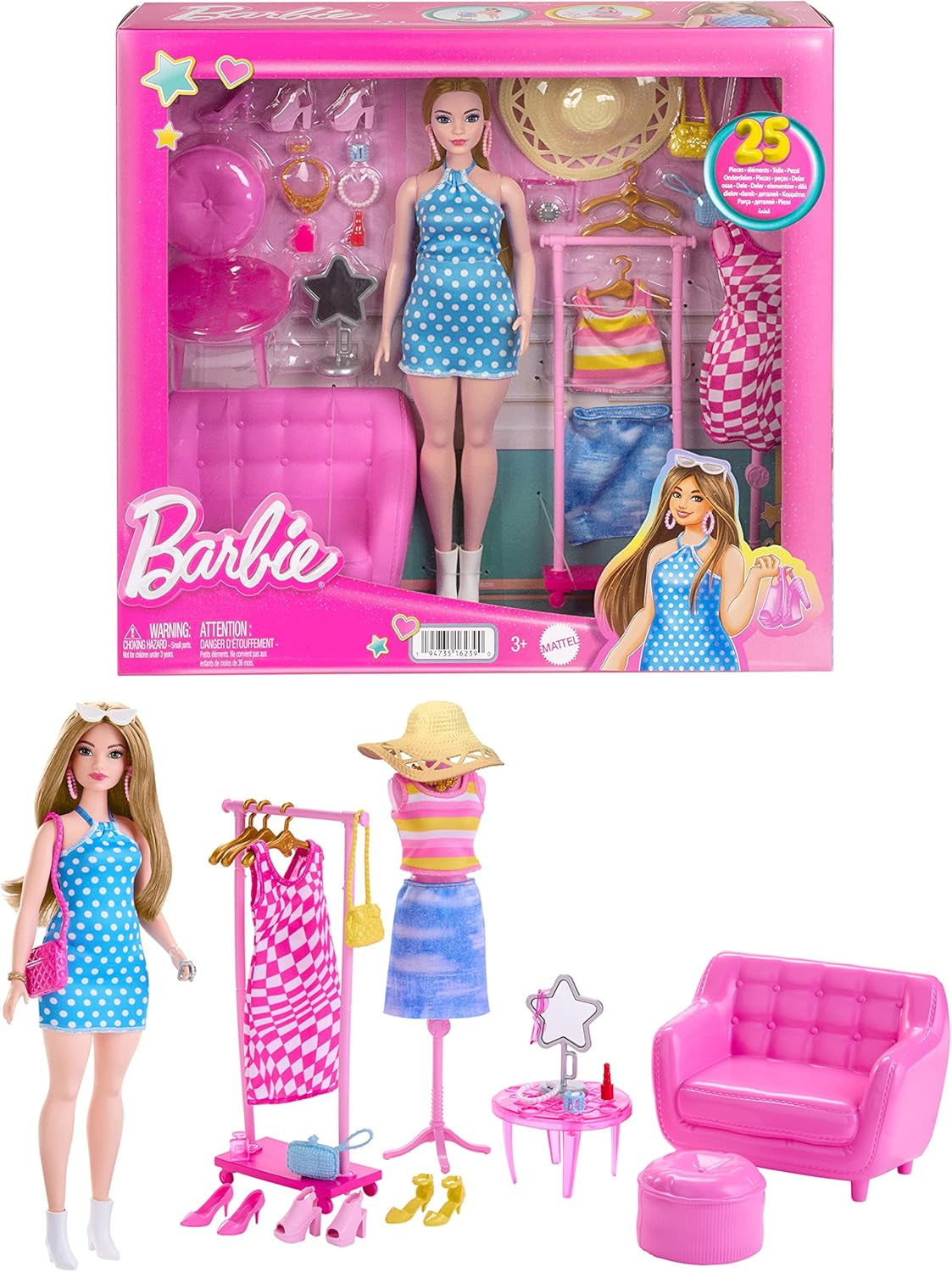 Barbie-modedukke- og garderobesæt med tøj, tilbehør og salonmøbler, langtidsholdbar frisørsjov for børn fra 3 år og opefter, HPL78