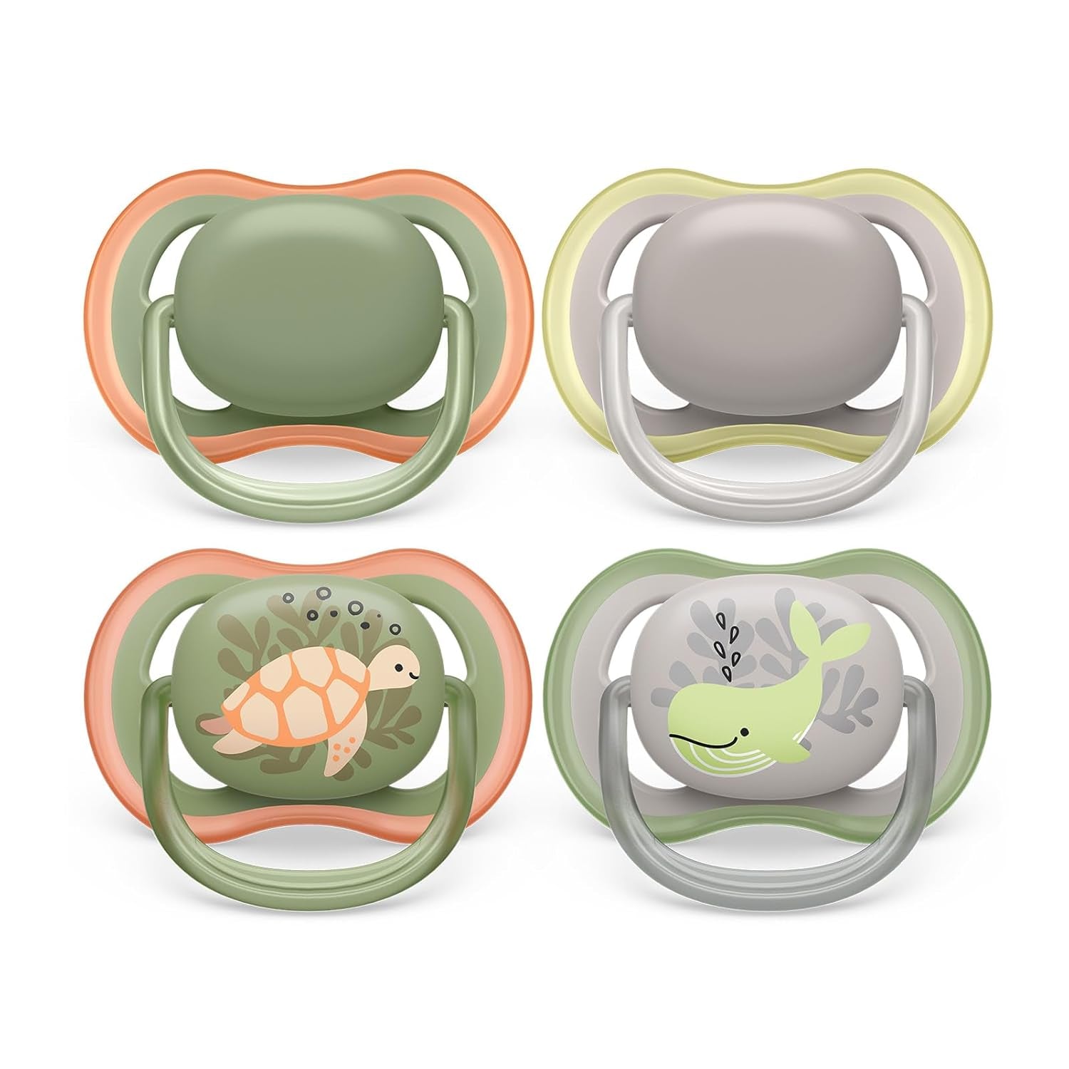 Philips AVENT ultraluftsutter - pakke med 4 BPA-fri, åndbare sutter til babyer 6-18 måneder, inklusive bæretaske og sterilisering, skildpadde/hvalmønster (model SCF085/66)