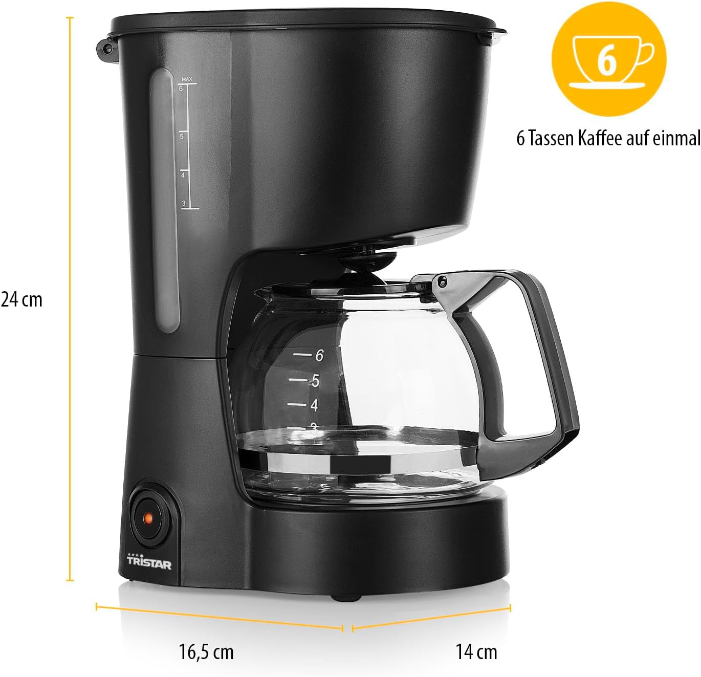 Tristar kaffemaskine, kapacitet 6 kopper, 600W, holde varm funktion, automatisk stop, permanent filter, anti-dryp system, kompakt og bærbar, nem at rengøre, CM-1246