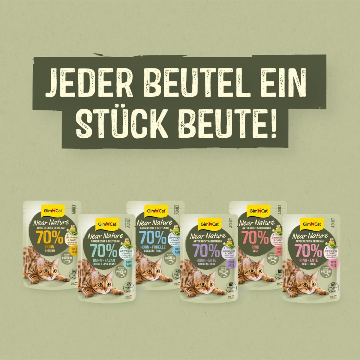 GimCat Near Nature Trial Mix 12 Pack - Vådkornsfrit foder til katte fra 7 måneder med en passende art og byttedyrsspecifik opskrift - 12 poser (12 x 85g)
