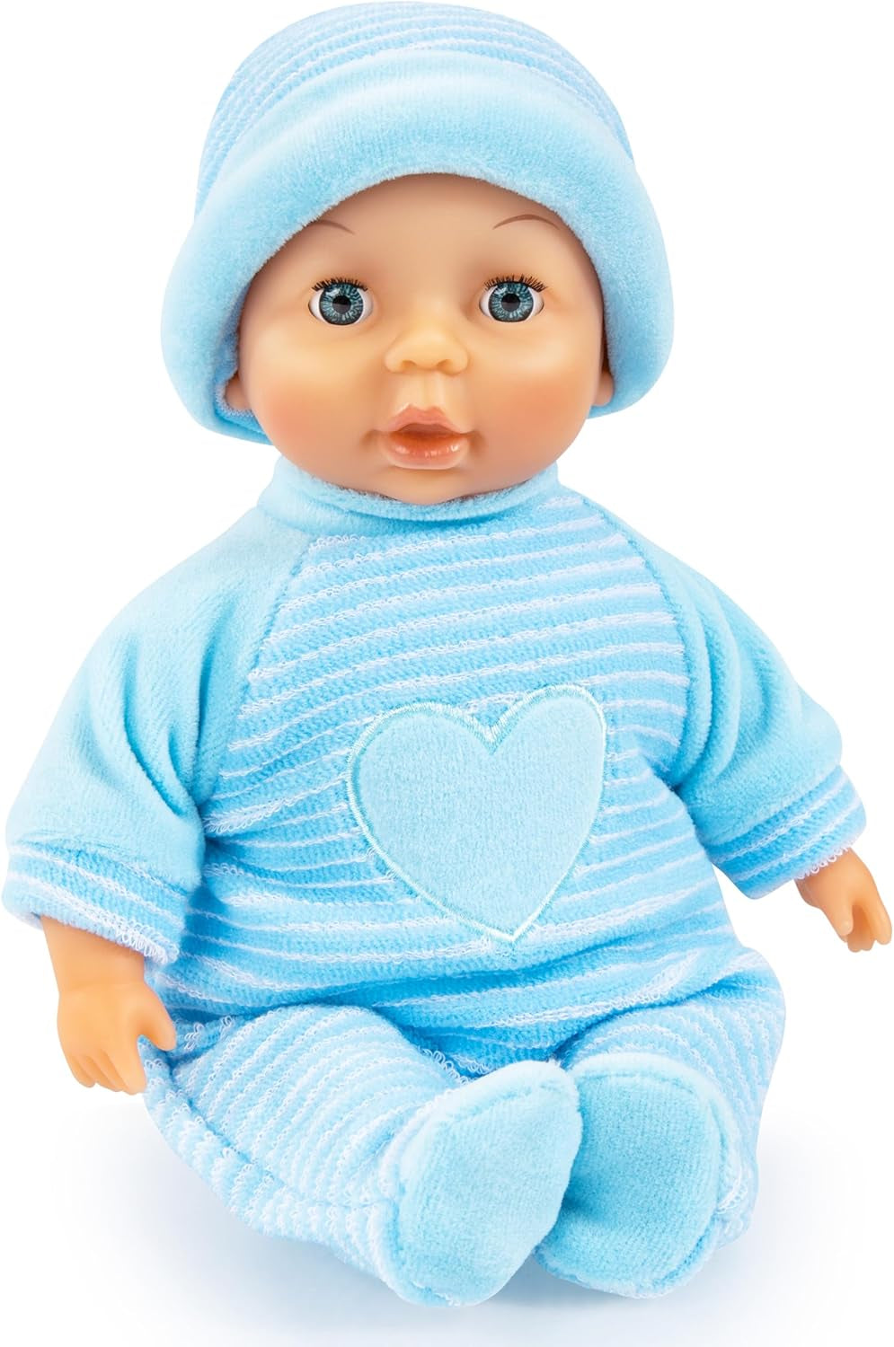 Bayer Design 92802AU My First Baby 28 cm, babydukke, blød kropsdukke med sovende øjne, meget praktisk, sødt outfit, blå med hjerte