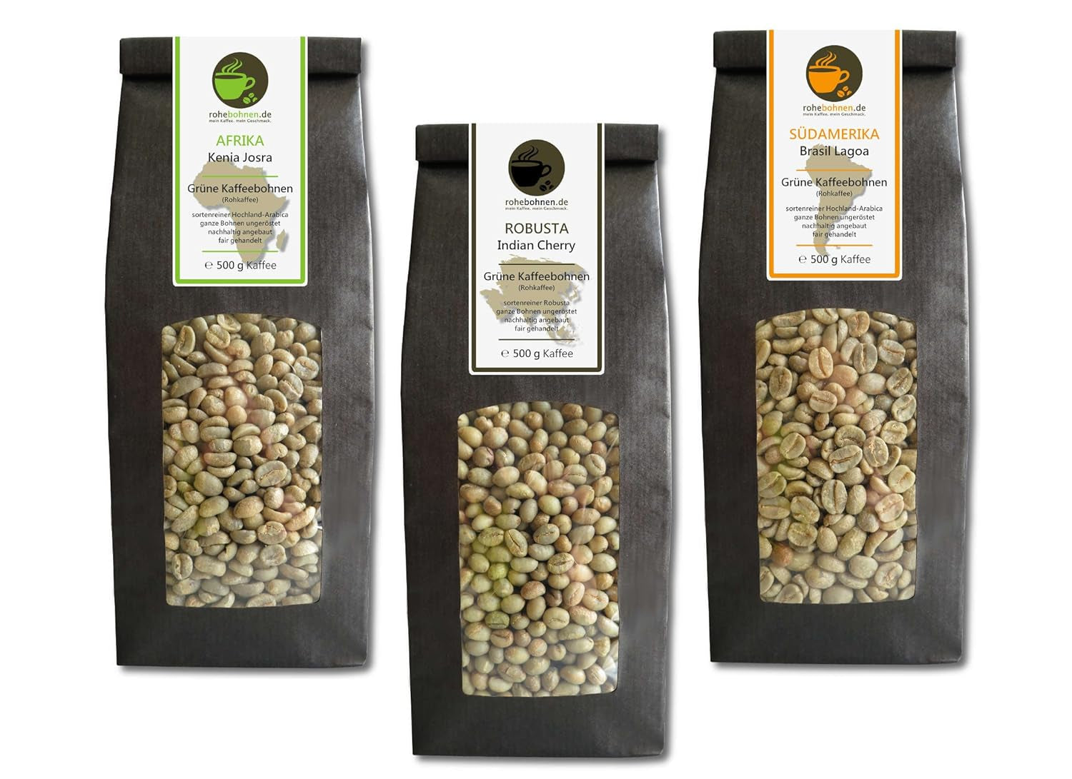 Rå kaffe - Grøn kaffe Kenya, Indien, Brasilien (reduceret pakke grønne kaffebønner 3x500g) - GMP-certifikat