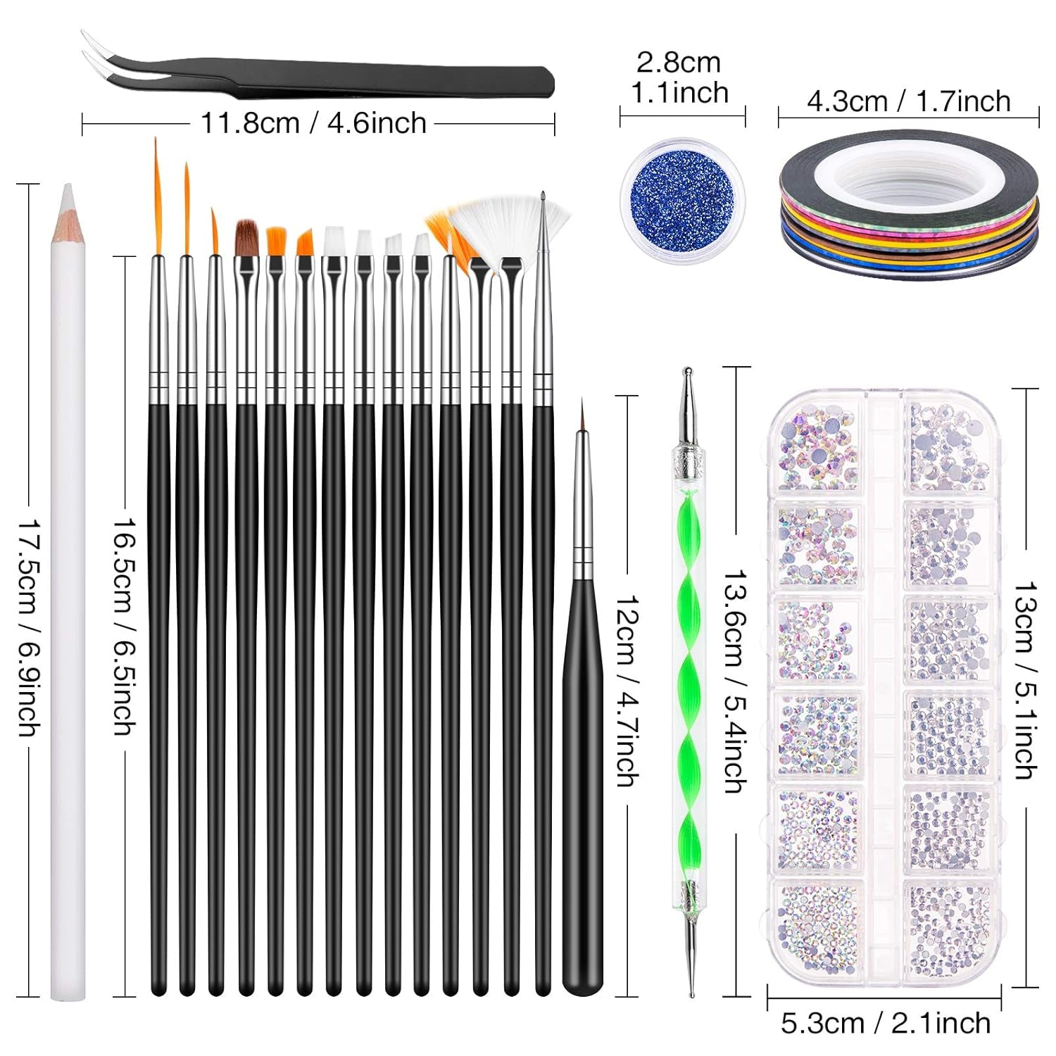 MELLIEX 45 Stück Nail Art Dekoration Zubehör Sæt, Nägel Pinsel Strasssteine ​​Glitzer Goldfolie Nageldesign Dotted Pen Streifenband Für Nagelkunst Maniküre Set