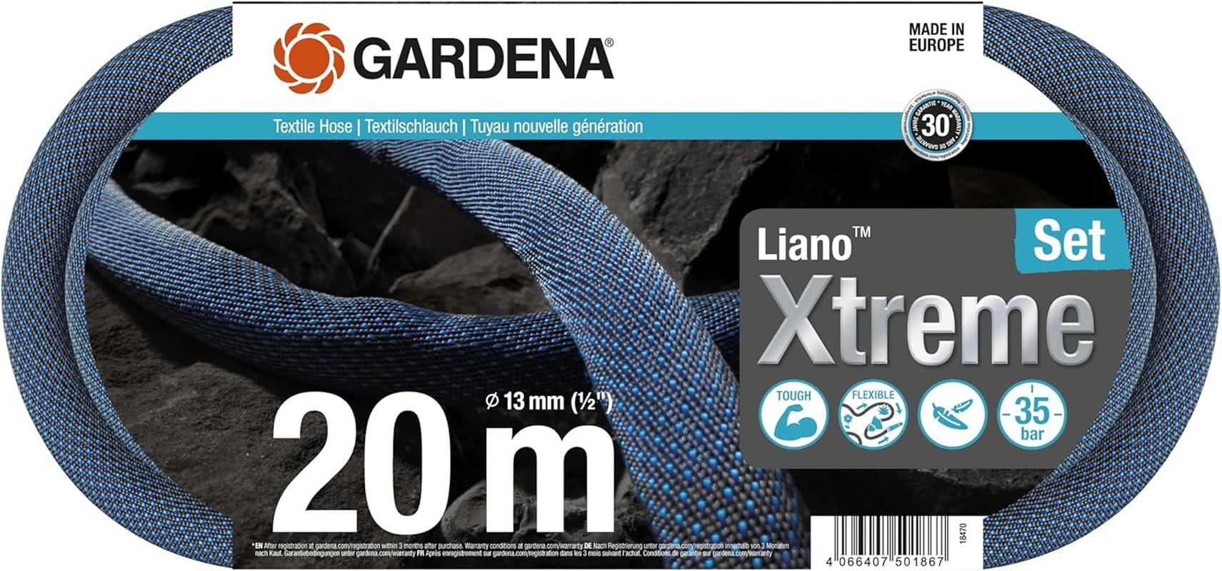 Gardena Liano Xtreme 1/2 tommer 20 m sæt: Ekstremt robust tekstilhaveslange med let, vejrbestandig PVC inderslange (18470-20)