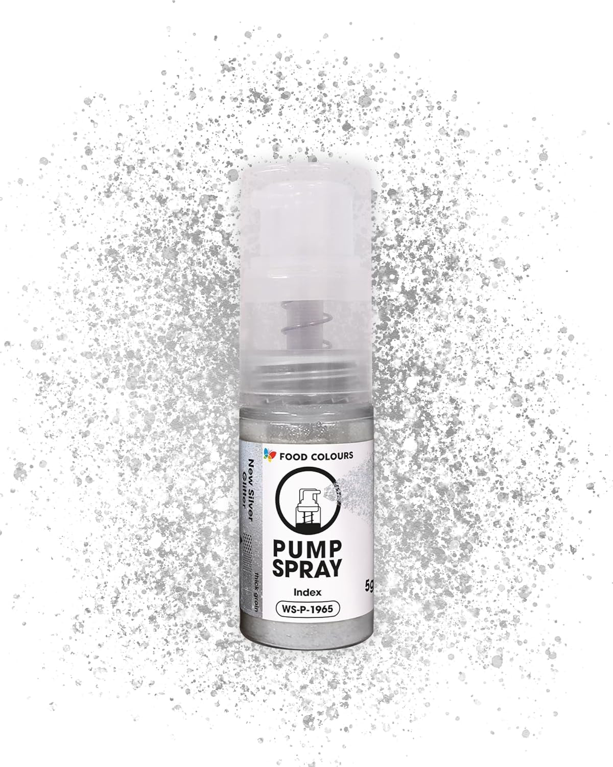 Spiselig glitter madspray NY SØLVSKIMMERENDE 5G pumpe med metallisk pulver til hurtig og effektiv dekoration af kager, cremer, geléer, praliner, chokolade og sukkerpynt