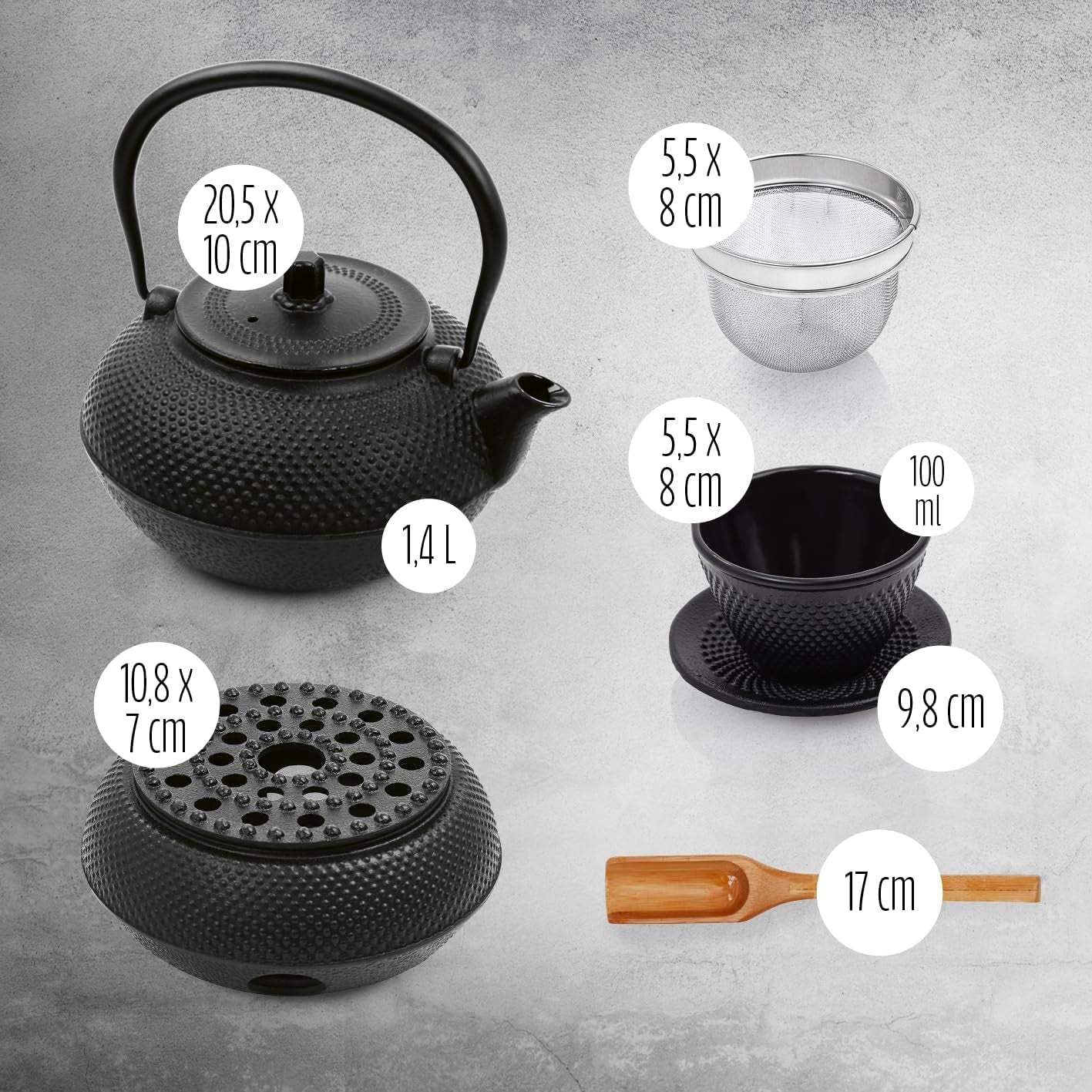 Lumaland 8 dele tesæt | 1,4 liter Tetsubin støbejern tekande | Varmelegeme i støbejern | 2 tekopper og 2 underkopper | Japansk tesæt inklusiv bambus-måleske og infuser af rustfrit stål