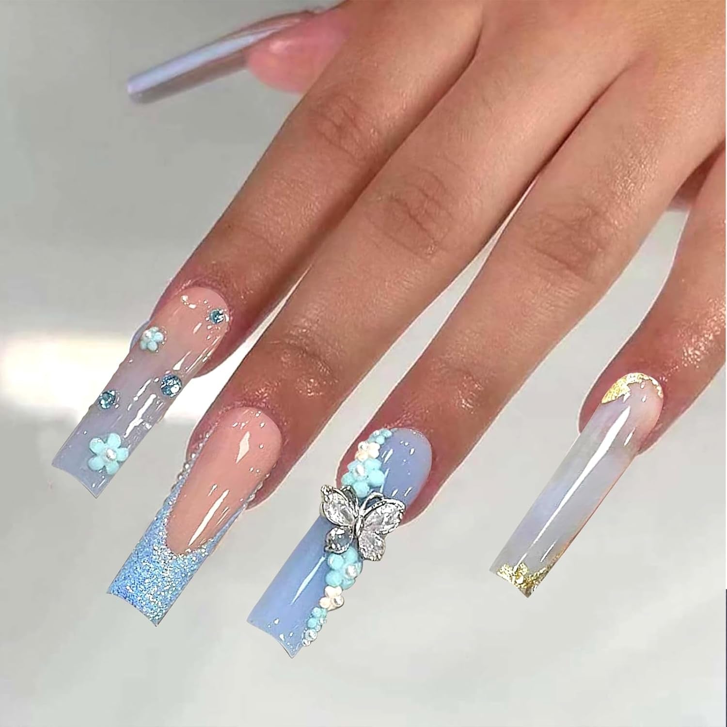 24 stk sommerfugl blå kunstige negle Firkantet tryk på fransk lang glitter glitrende rhinsten falske neglespidser