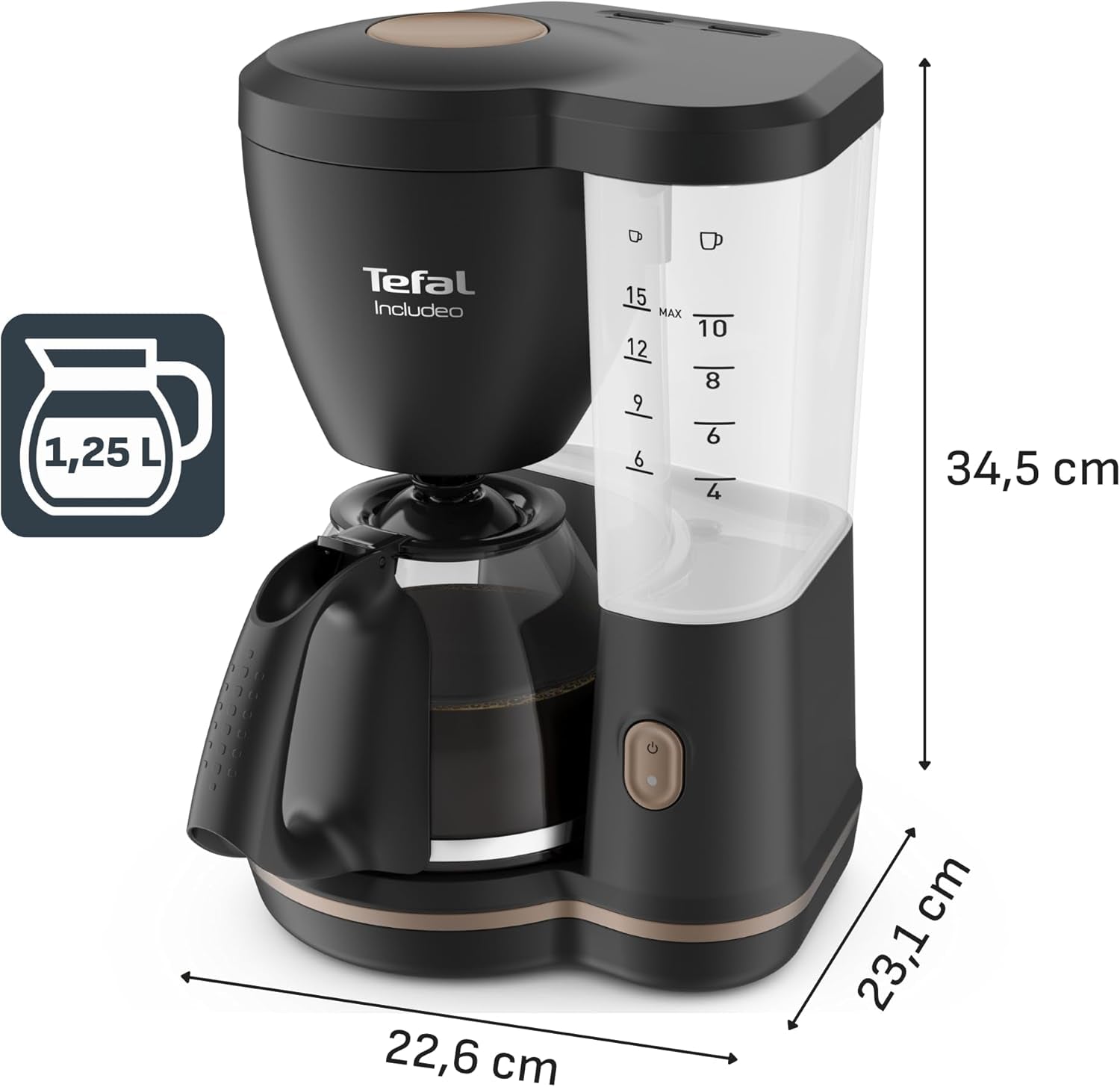 Tefal Includeo Filter Espressomaskine, Espressomaskine Ekstremt nem at bruge, Velegnet til højre- og venstrehåndede brugere, Automatisk lågåbning, 1,25 L, 10 til 15 kopper, CM533811