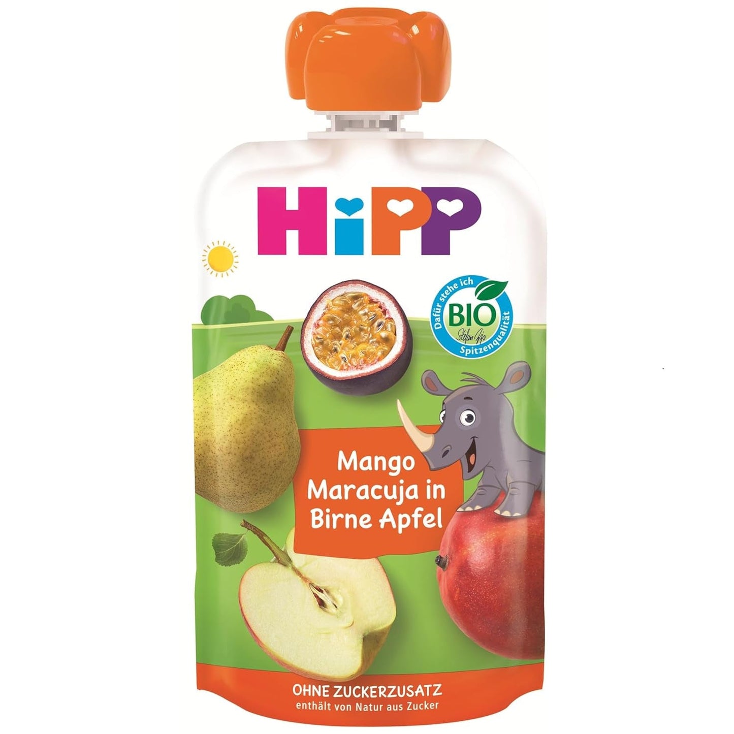 Poser HiPP Økologisk Mango-Passion Frugt i pæreæblesmag - Nick Rhino (8 x 100g), fra 1 år, 100% frugtpuré, uden tilsat sukker, vegansk, bedste økologiske kvalitet