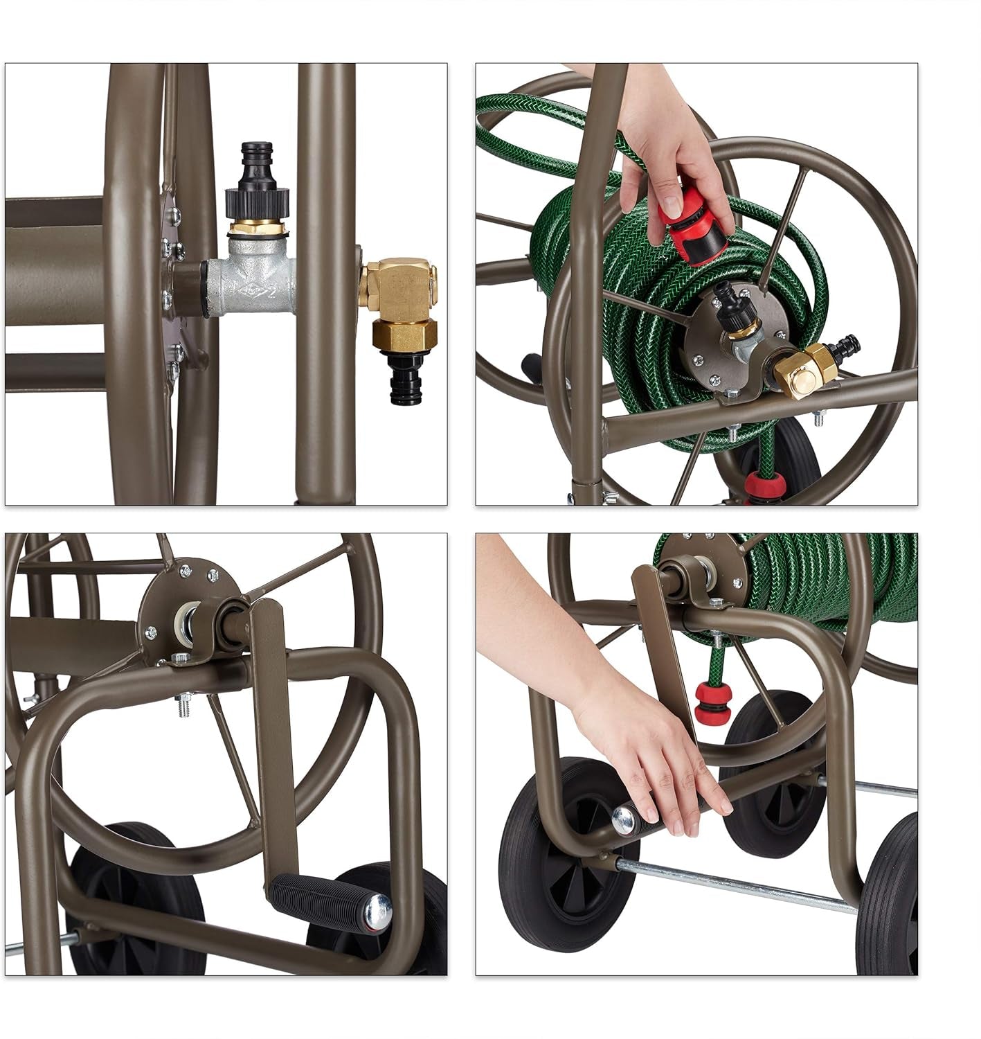 Relaxdays XL slangevogn, mobil slangetromle, metal, til 60 m slange, 4 hjul, med håndsving, 90° rulle, brun
