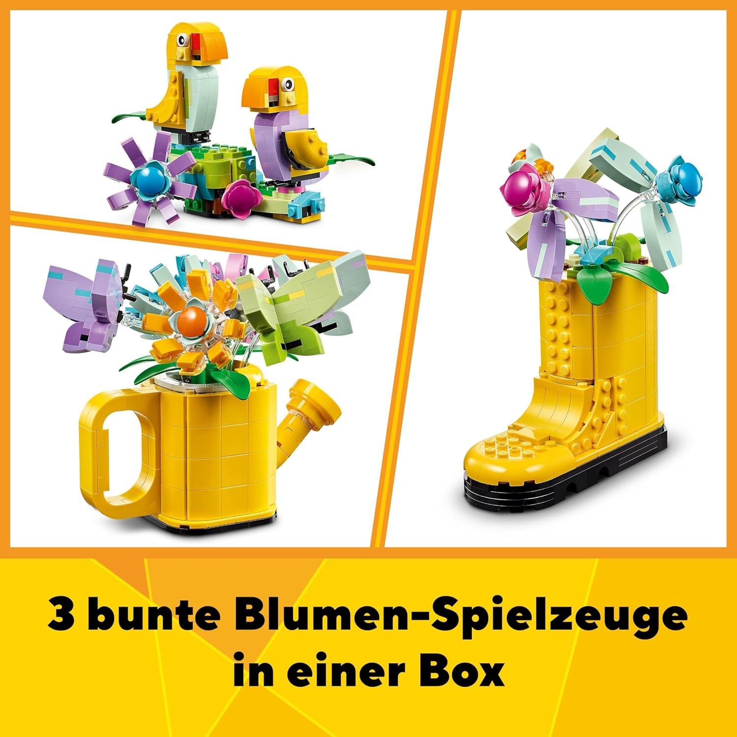 LEGO Creator 3I1 blomstersprinklersæt, dekoration til børneværelset, byg en sprinkler med en buket blomster, gummistøvler eller 2 legetøjsfugle, kreativ gave til piger og drenge 8 år gamle 31149 byggesæt Besuche den LEGO-Store