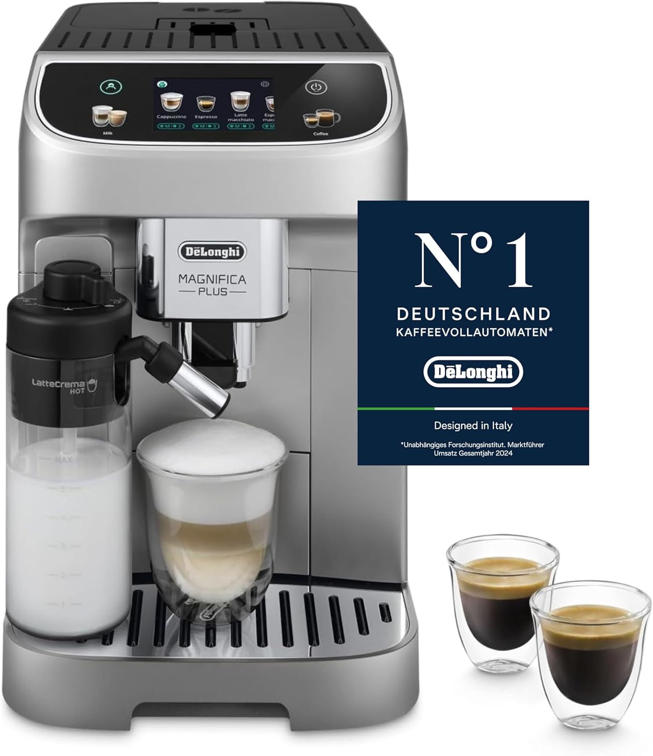 De'Longhi Magnifica Evo Next - Perfetto fuldautomatisk espressor med LatteCrema mælkeskummer, 13 One-Touch-drikke, kaffe- og cappuccinomaskine, farveberøringsskærm, Titanium (ECAM312.80.TB)