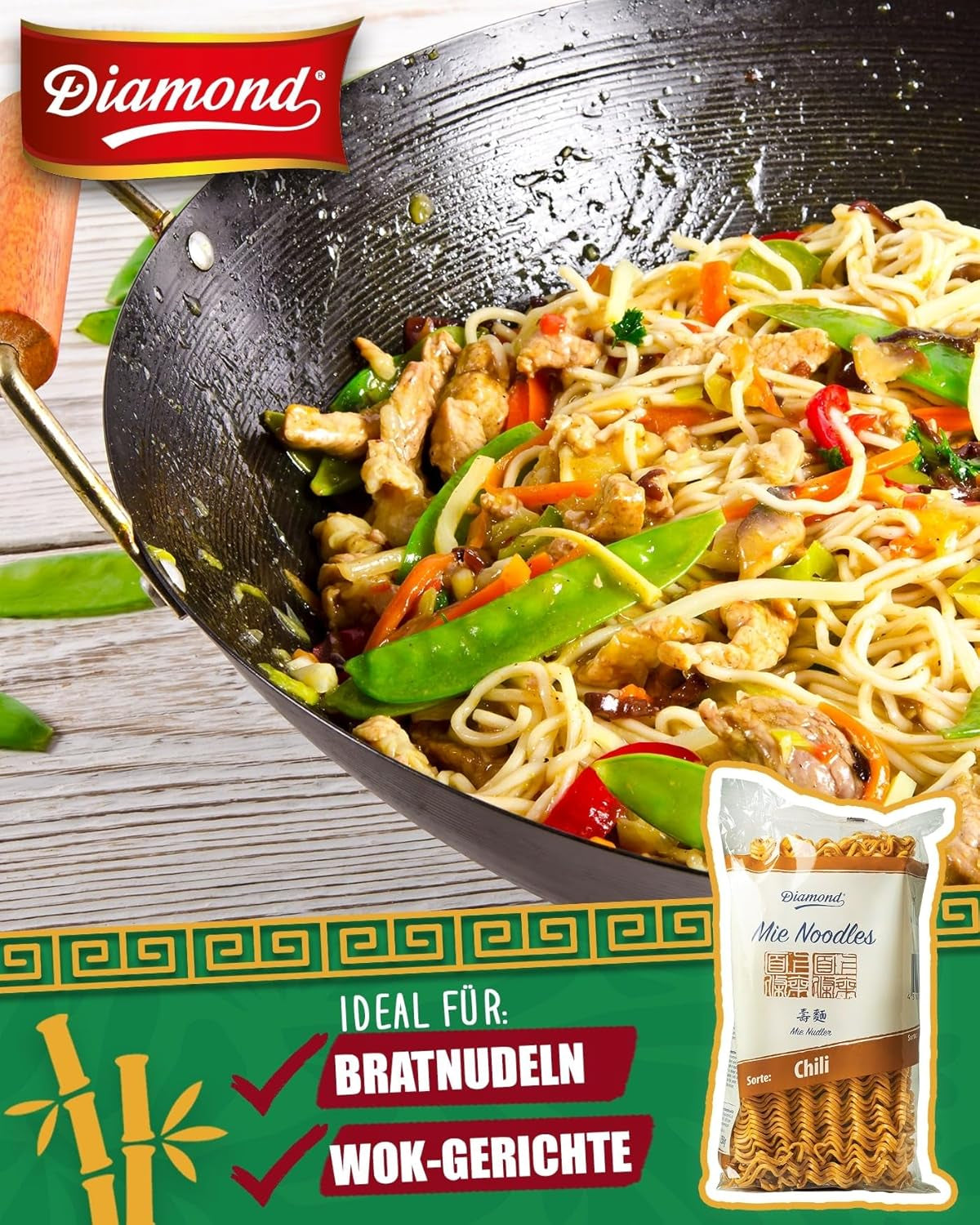 DIAMOND Mie Chili Nudler, hvedenudler med chilipulver, ægfri, hurtig og nem, vegetarisk - 1 x 250 g