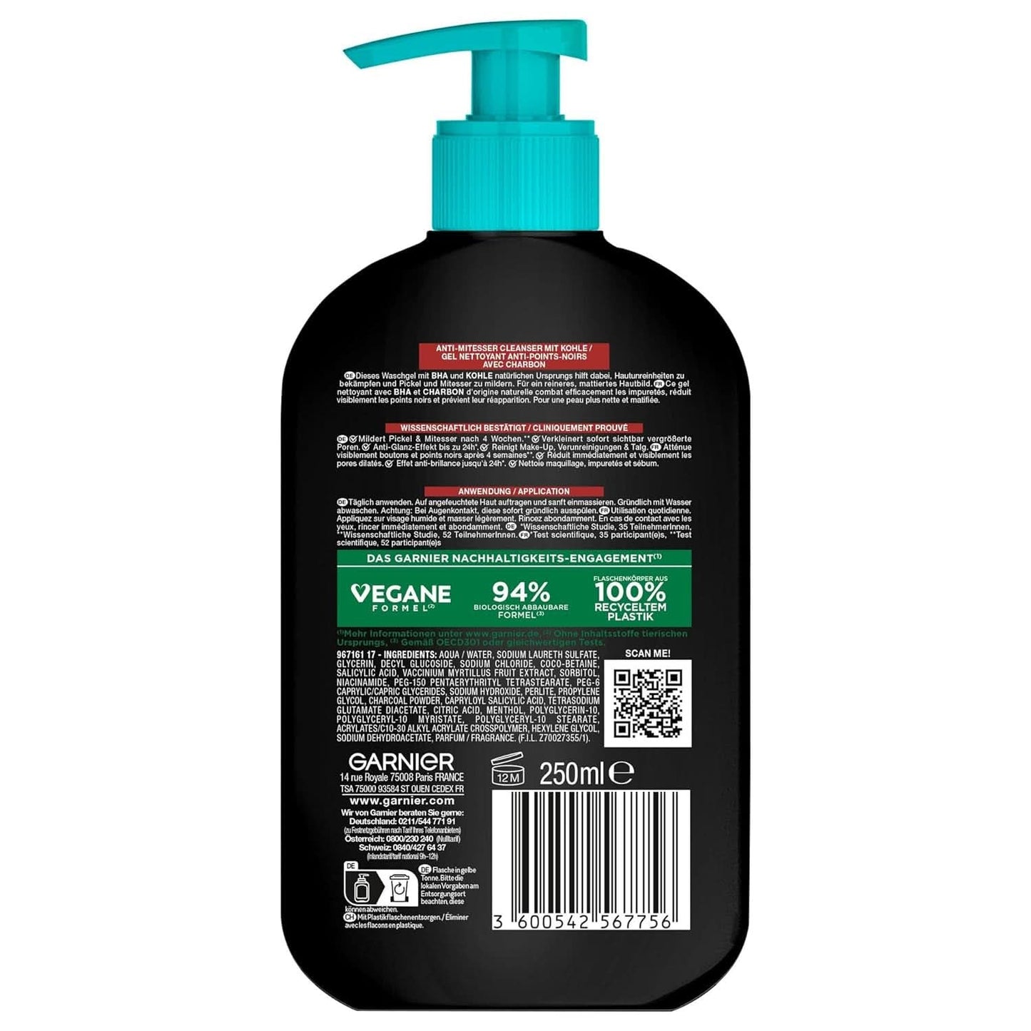 Garnier Charcoal Cleanser Ansigtsrensegel mod hudorme og bumser 250 ml bruser og bad Naty Shop