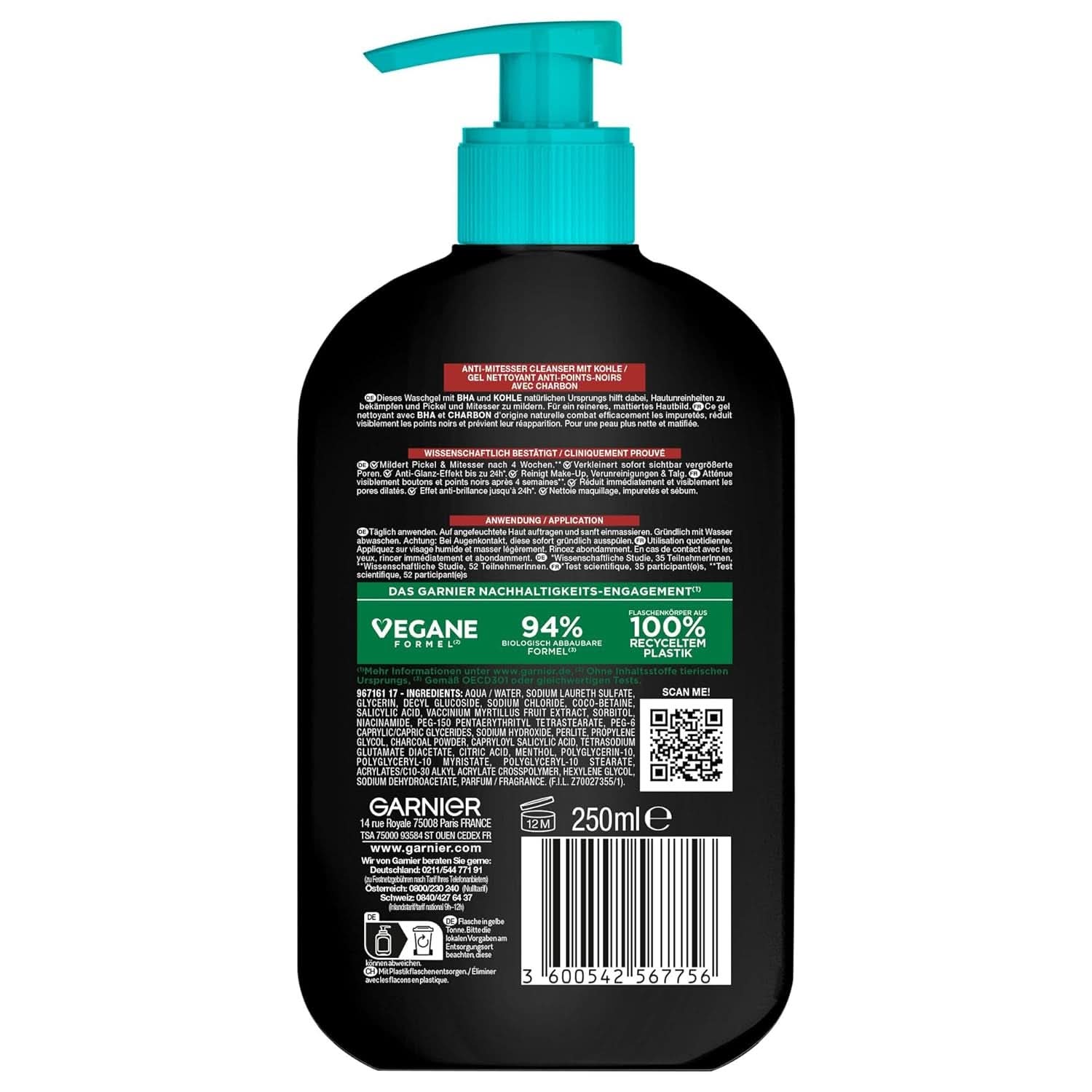 Garnier Charcoal Cleanser Ansigtsrensegel mod hudorme og bumser 250 ml bruser og bad Naty Shop