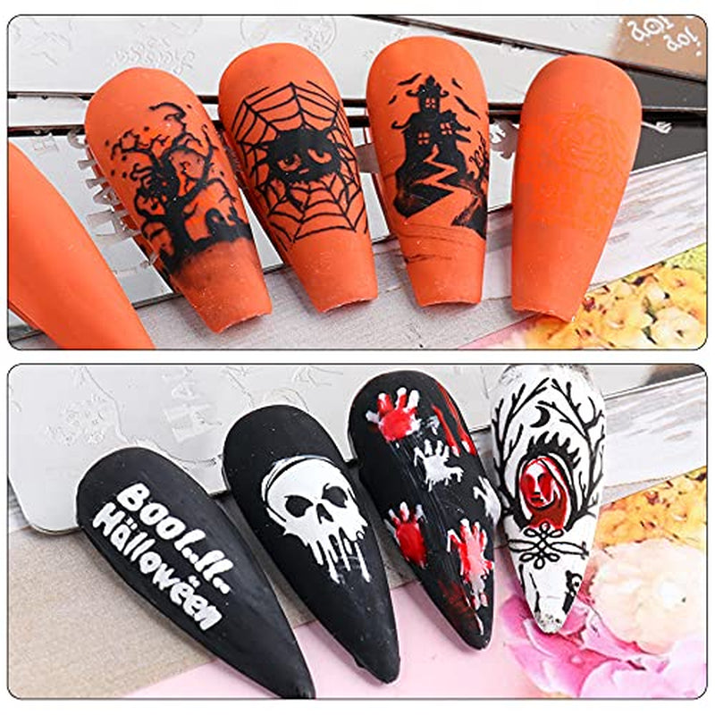 JMEOWIO Nail Stamping Stencils Halloween 6 Stück Nagelstempel Stencils Nail Art Dekoration Nageldesign Tilbehør Böse Gruselige Kürbis-Geisterhexe