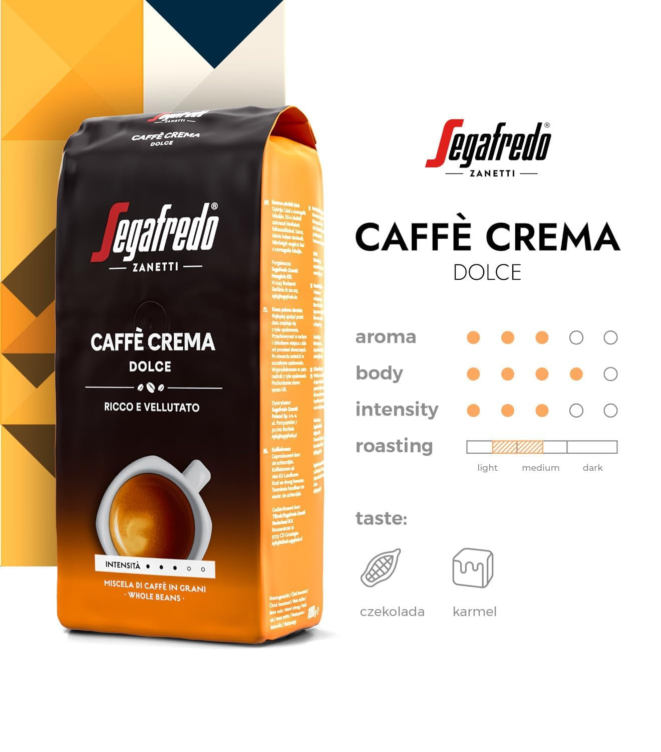 Segafredo Zanetti Caffè Crema Dolce - Hele bønner (1 kg pakke) - Velegnet til Caffè Crema - Lette til mellemristede kaffebønner med en mild og afbalanceret smag (2 pakke)