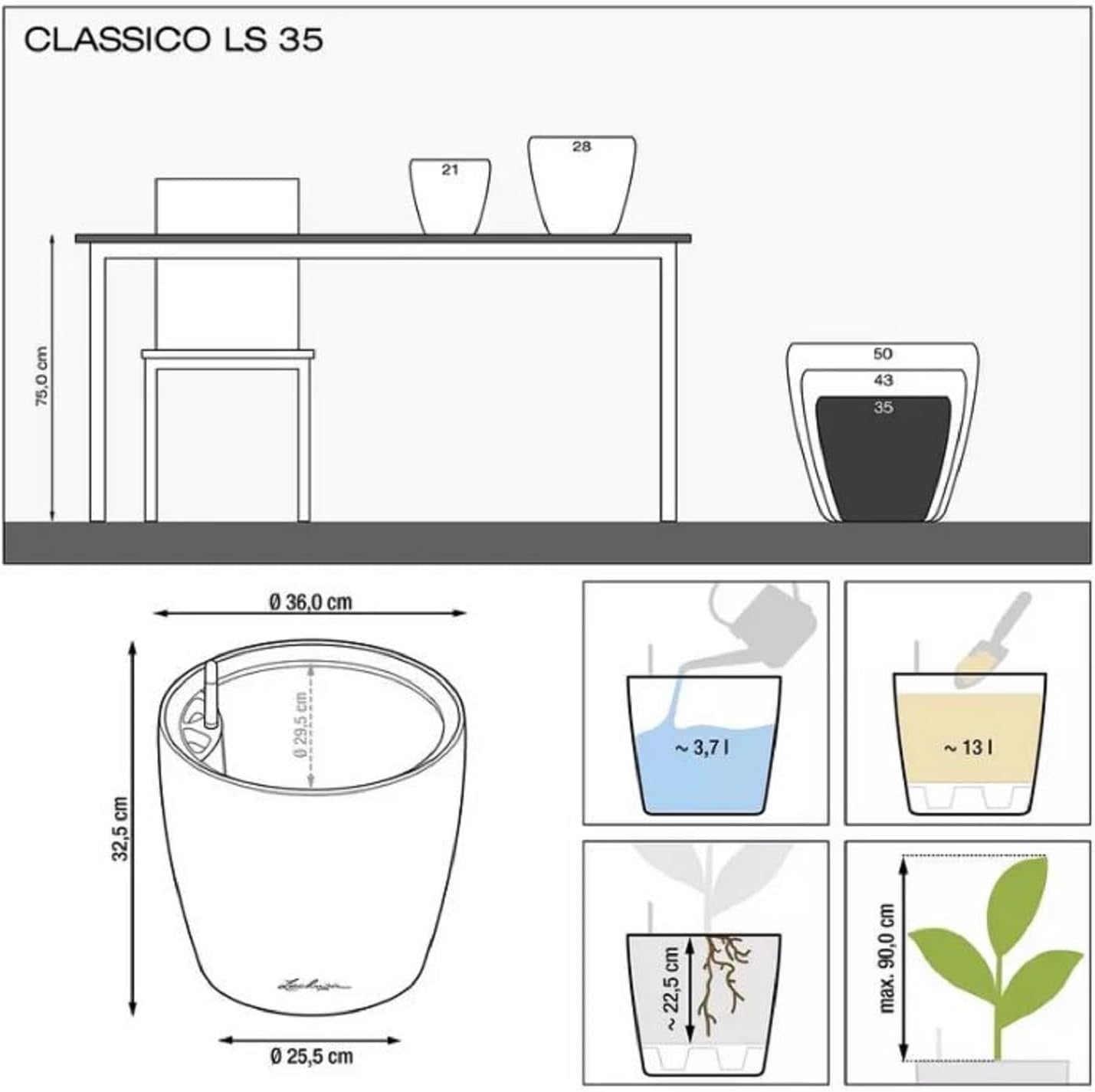 Plantekasse LECHUZA Classico Color LS skifergrå med vandingsanlæg |Ø 35 × 32 cm|14281