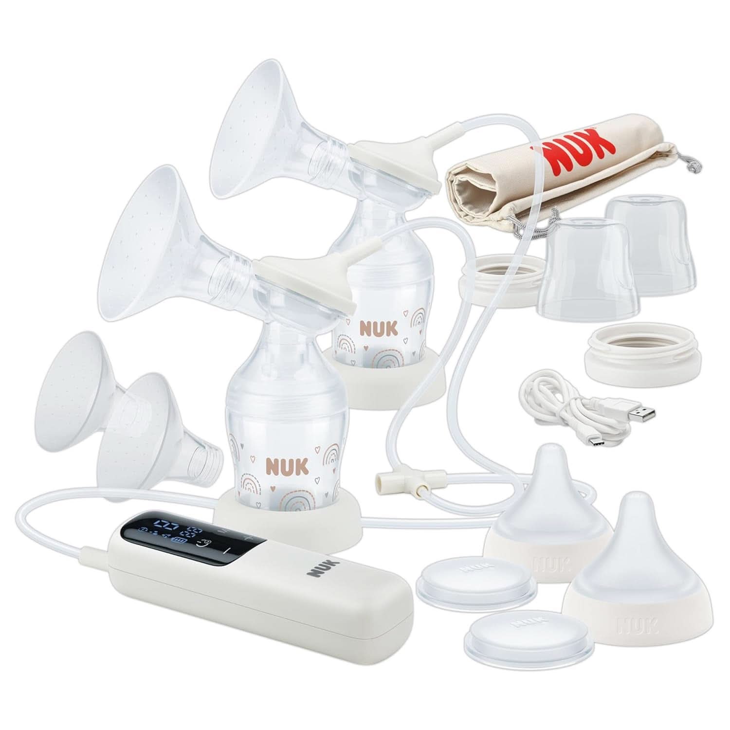 NUK manuel brystpumpesæt, blød silikonepude, 2 perfekt matchede flasker, 150 ml Mad og ammetilbehør Bebe Naty Shop Doppel-Milchpumpe