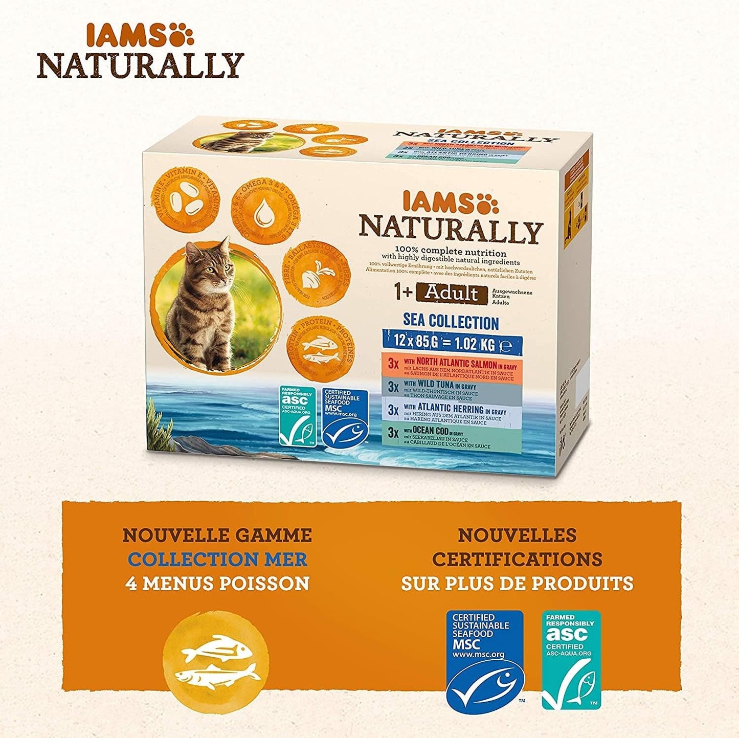 IAMS naturligt våd kattefoder i sauce - vådfoder af høj kvalitet med fisk til voksne katte, havsamling, 12 x 85 g