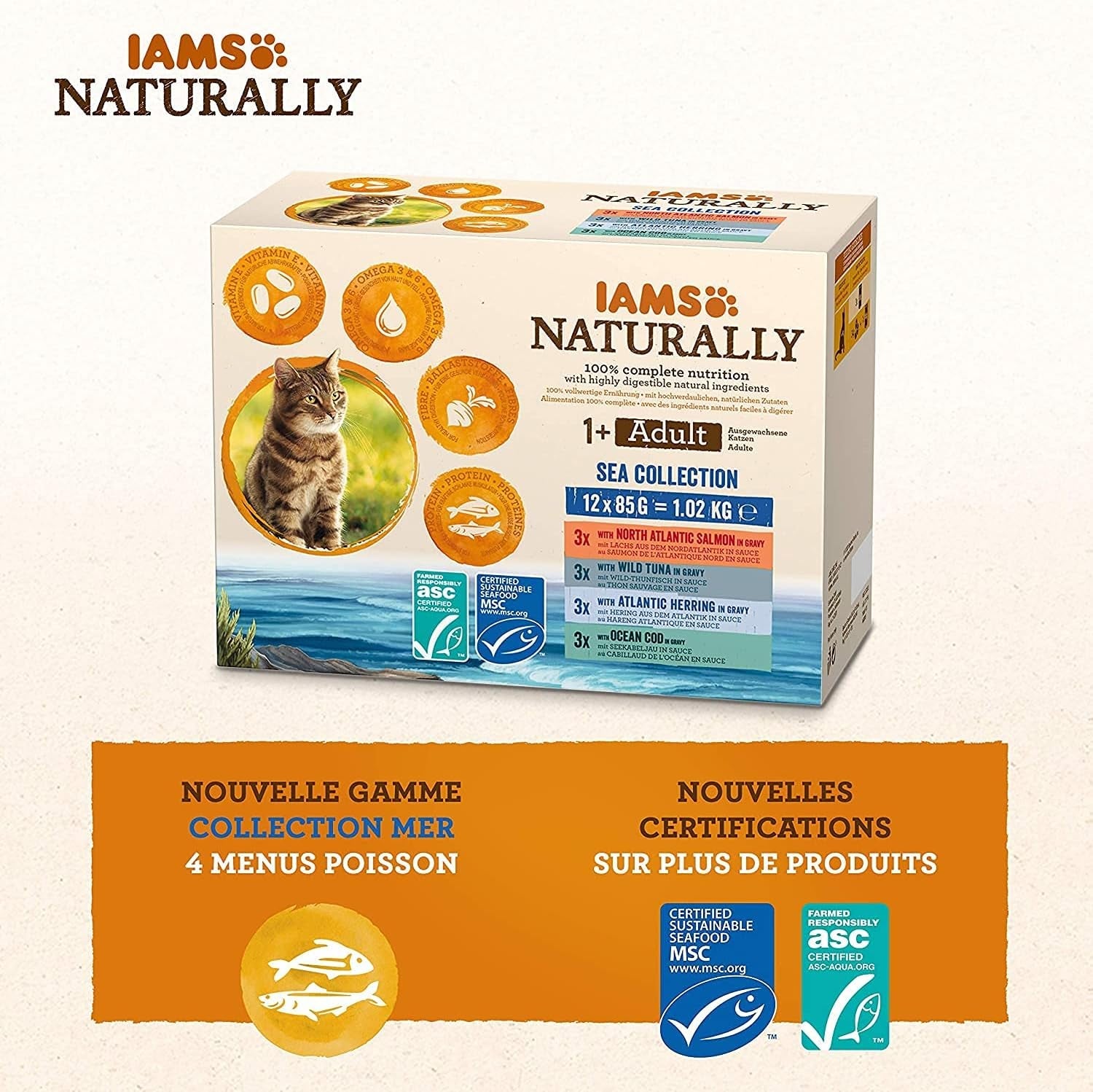 IAMS naturligt våd kattefoder i sauce - vådfoder af høj kvalitet med fisk til voksne katte, havsamling, 12 x 85 g