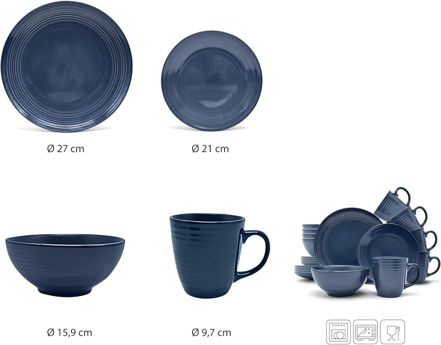 ECHTWERK "Alicia" 16 dele vintage kombineret spisestel Moderne design til 4 personer Elegant mørkeblåt stentøjsstel med 4 tallerkener 4 sidetallerkener 4 skåle 4 tekopper