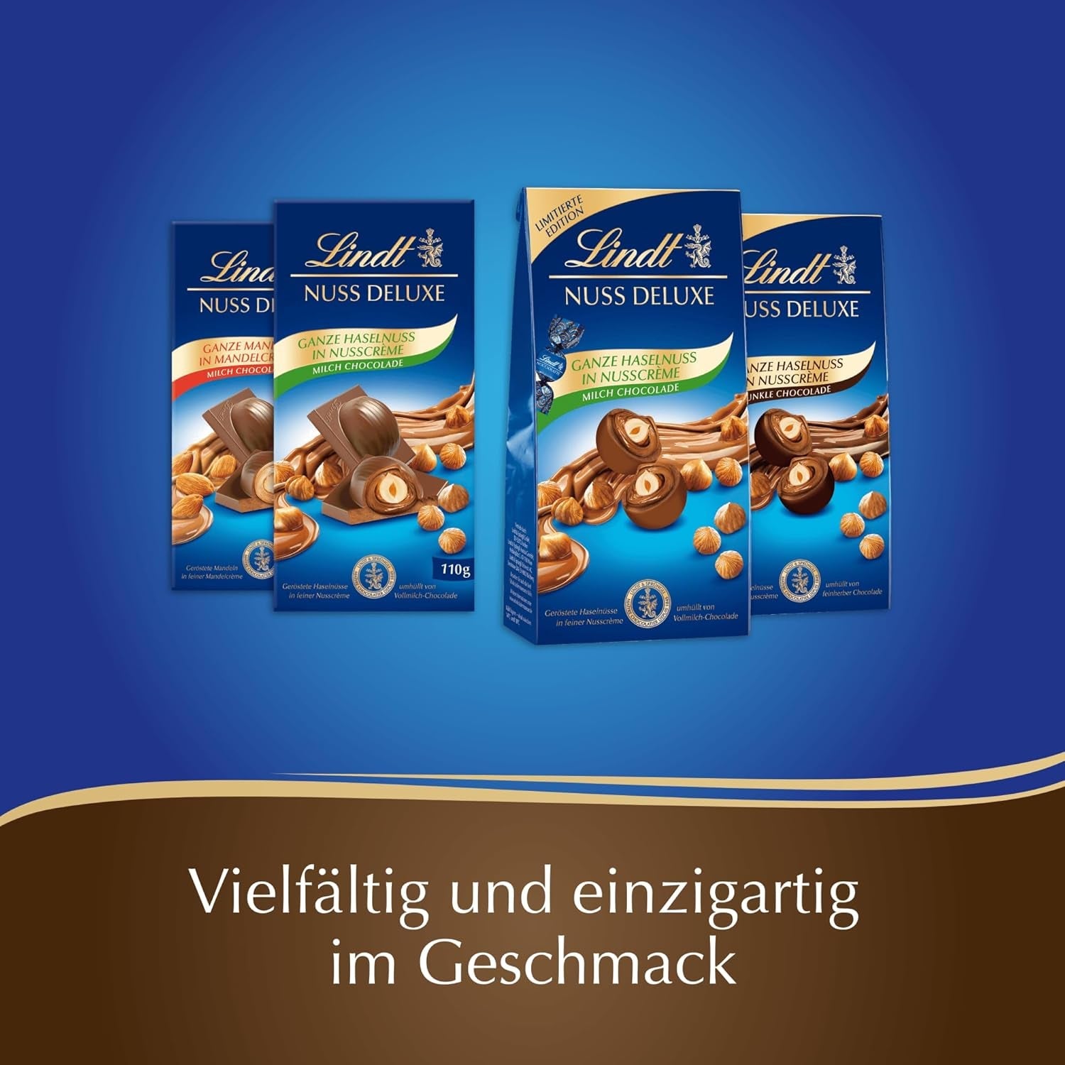 Lindt Chokolade | NUT DELUXE Chokoladebar med mælk og mandler | 110 g | Mælkechokolade med ristede mandler i en glat mandelcreme | Chokoladebar