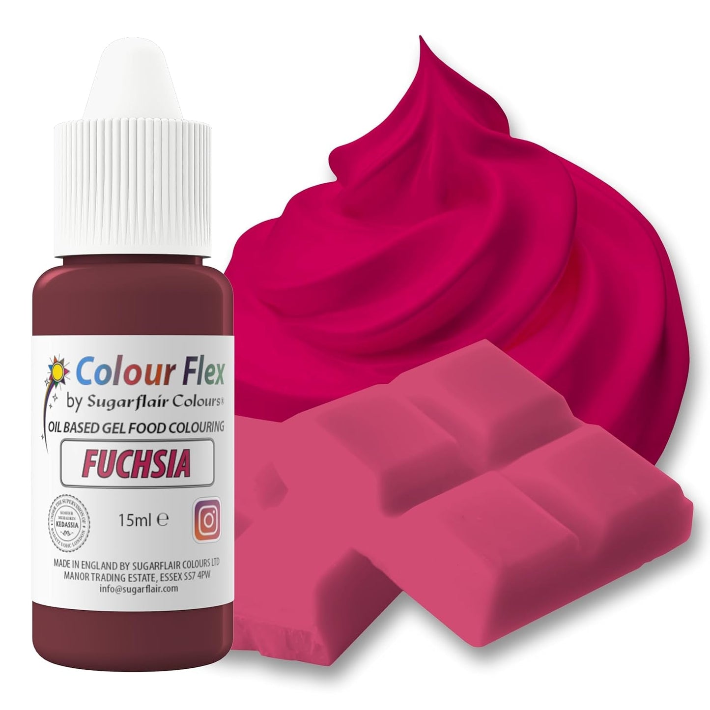 Sugarflair Colourflex Fuchsia oliebaseret fødevarefarve, højkoncentreret flydende fødevarefarve, madfarve til smørcreme, chokolade, dej, fondant, glasur og mere - 15 ml